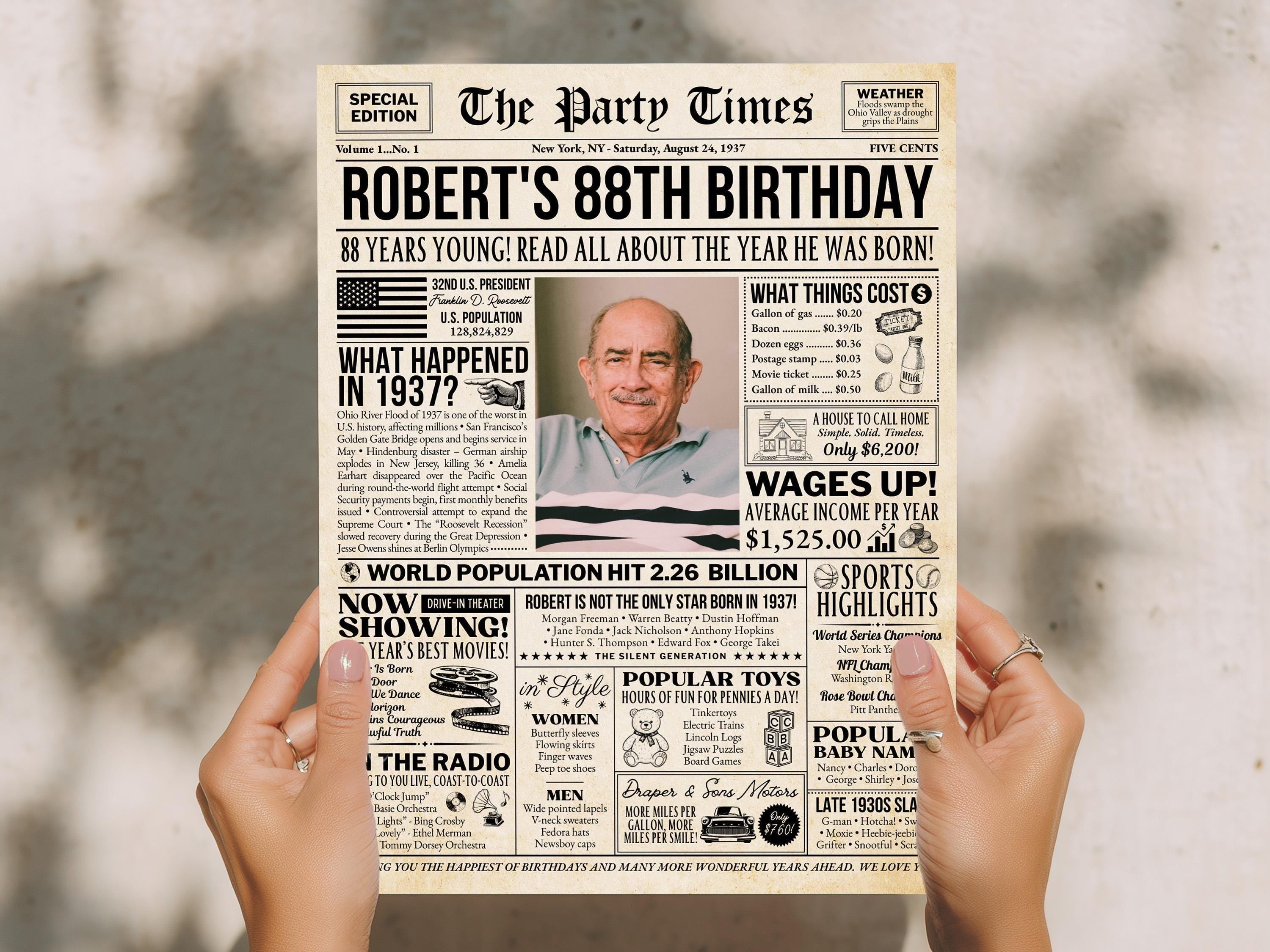 88th Birthday Newspaper Poster Sign, Back In 1937 Birthday Gift For Grandpa, 88 Years Ago Retro Party Decorations Printable, Edit With Canva