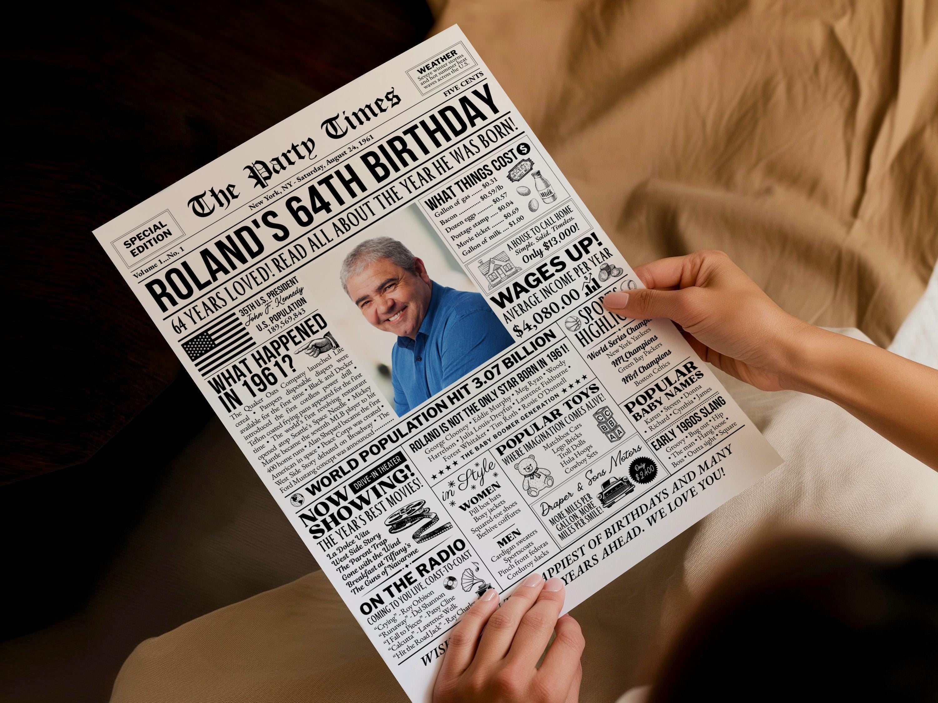 64th Birthday Newspaper Poster Sign, Back In 1961 Birthday Gift For Men Or Women, 64 Years Ago Party Decorations Printable, Edit With Canva