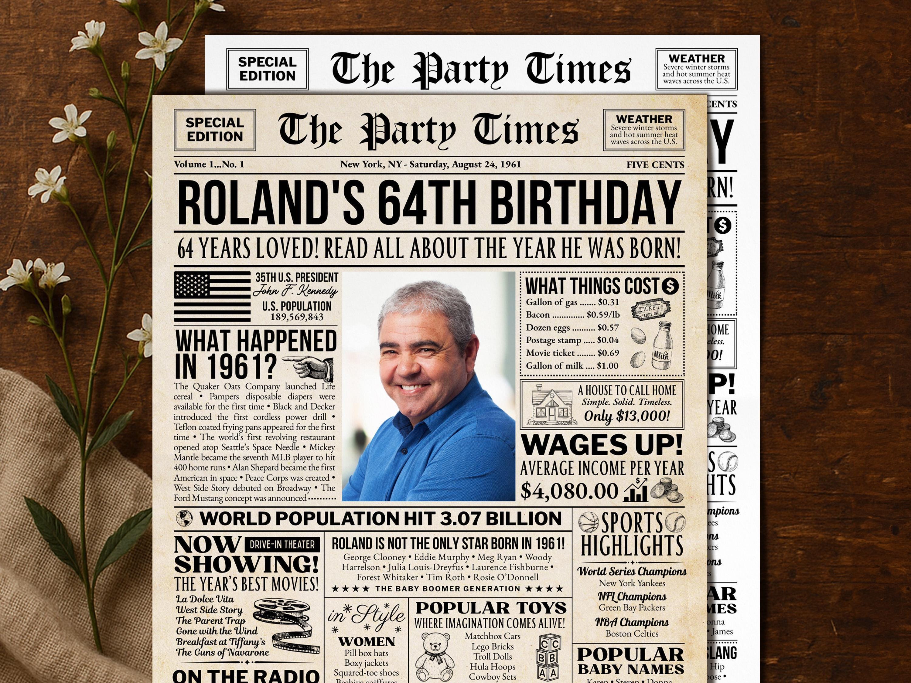 64th Birthday Newspaper Poster Sign, Back In 1961 Birthday Gift For Men Or Women, 64 Years Ago Party Decorations Printable, Edit With Canva