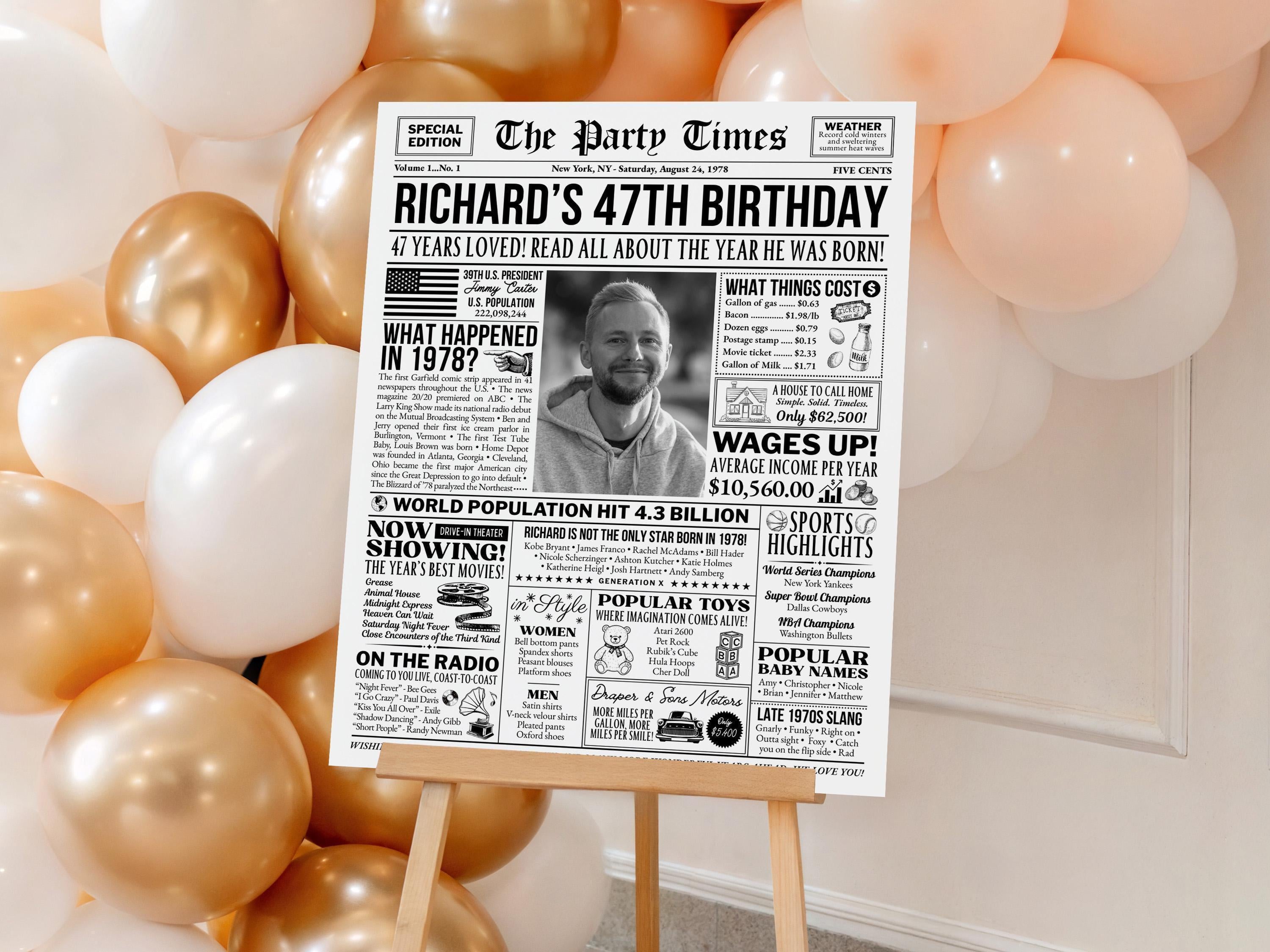 47th Birthday Newspaper Sign, 47 Years Ago Back in 1978 Vintage Poster, Birthday Decoration For Men Or Women Printable, Edit With Canva
