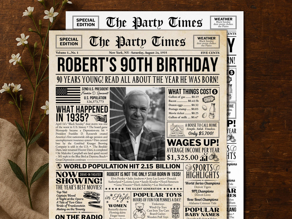90th Birthday Newspaper Poster Sign, Born In 1935 Birthday Milestone Gift For Seniors, Editable Party Decorations Printable, Edit With Canva