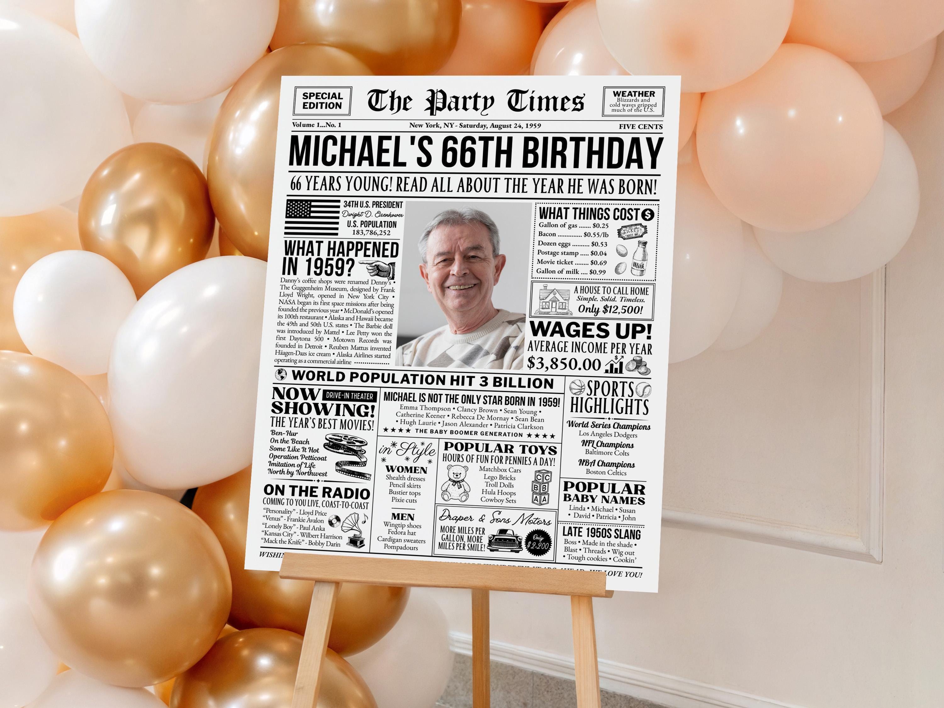 66th Birthday Newspaper Poster Sign, Born In 1959 Birthday Milestone Gift, Editable Back to the 50s Party Decorations, Edit With Canva