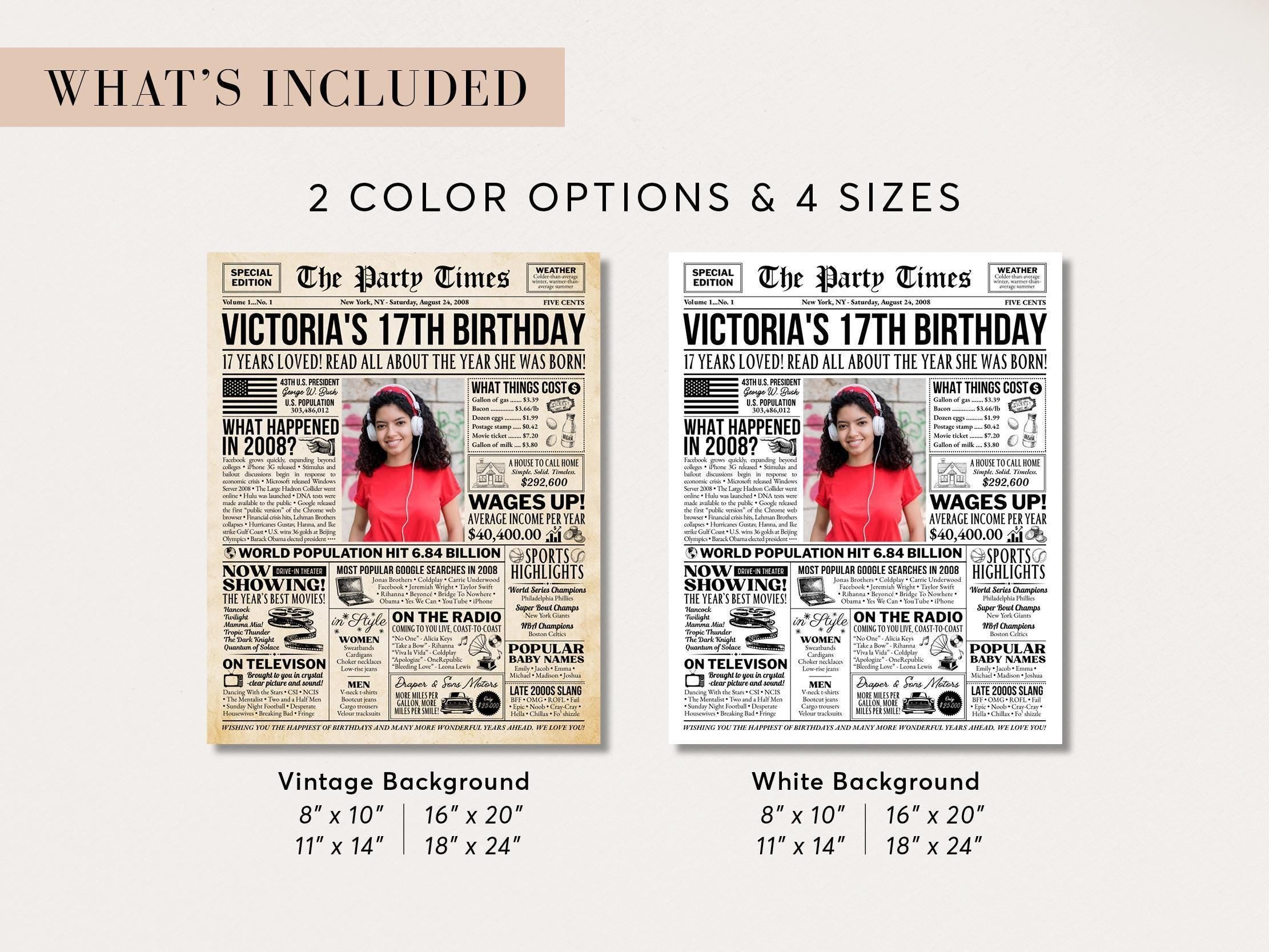 17th Birthday Newspaper Poster Sign, Back in 2008 USA Fun Facts Party Sign, Editable Vintage Style Birthday Decoration, Edit With Canva