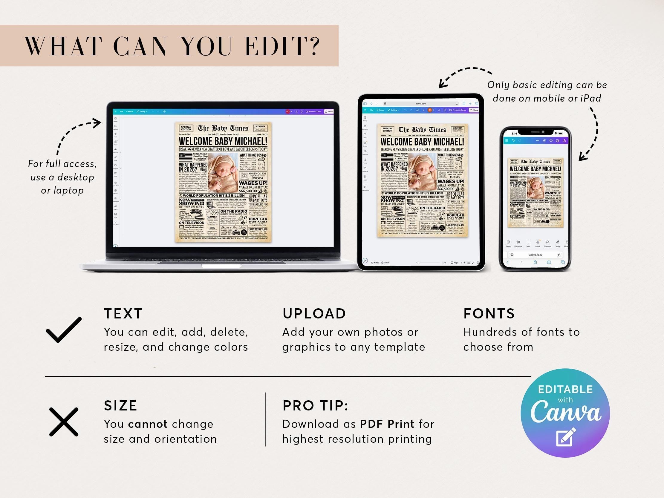 Baby Announcement Newspaper Poster, Pregnancy Reveal Time Capsule, Editable Baby Shower Welcome Sign Printable, Edit With Canva