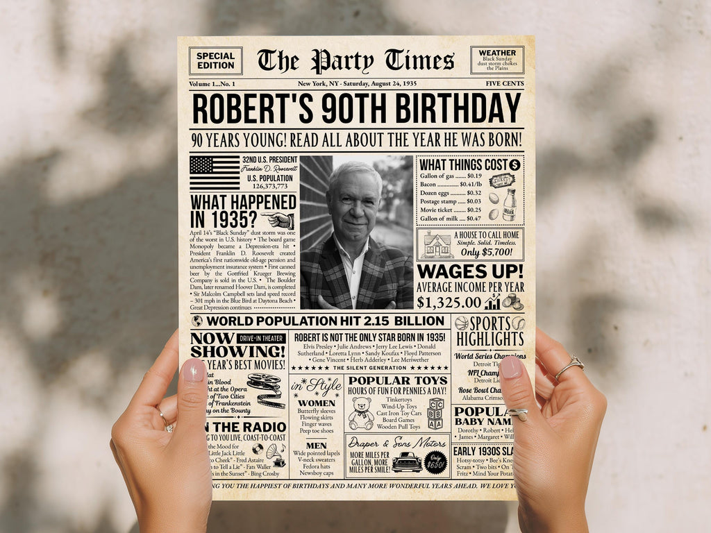 90th Birthday Newspaper Poster Sign, Born In 1935 Birthday Milestone Gift For Seniors, Editable Party Decorations Printable, Edit With Canva