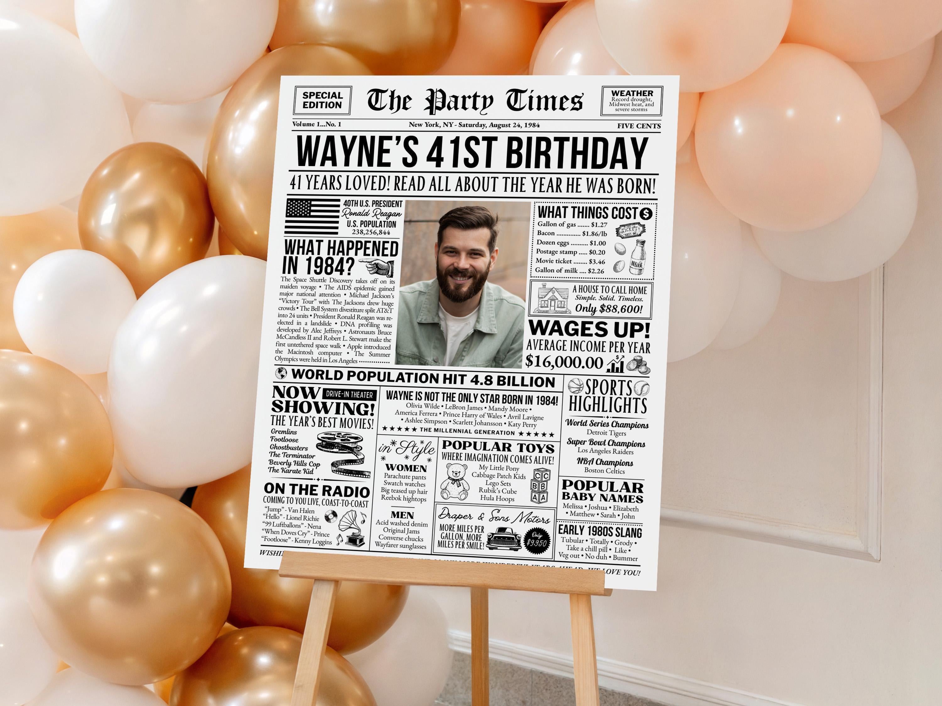 41st Birthday Newspaper Sign, Back in 1984 Vintage Poster, 41 Years Ago Gift, Editable Year You Were Born Party Decor, Edit With Canva