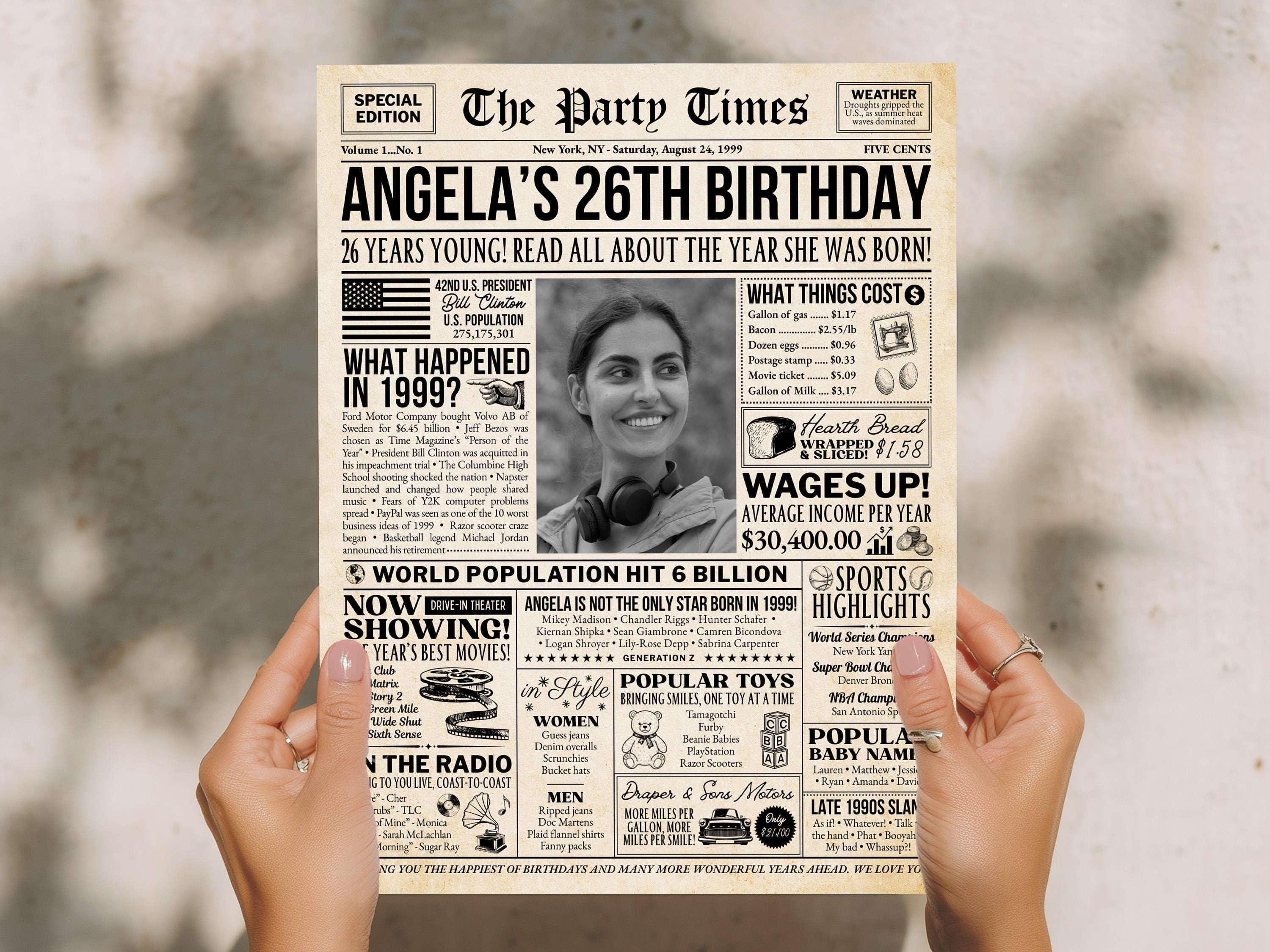 26th Birthday Newspaper Poster Sign, Back in 1999 USA Fun Facts Party Sign, Editable Vintage Style Birthday Decoration, Edit With Canva