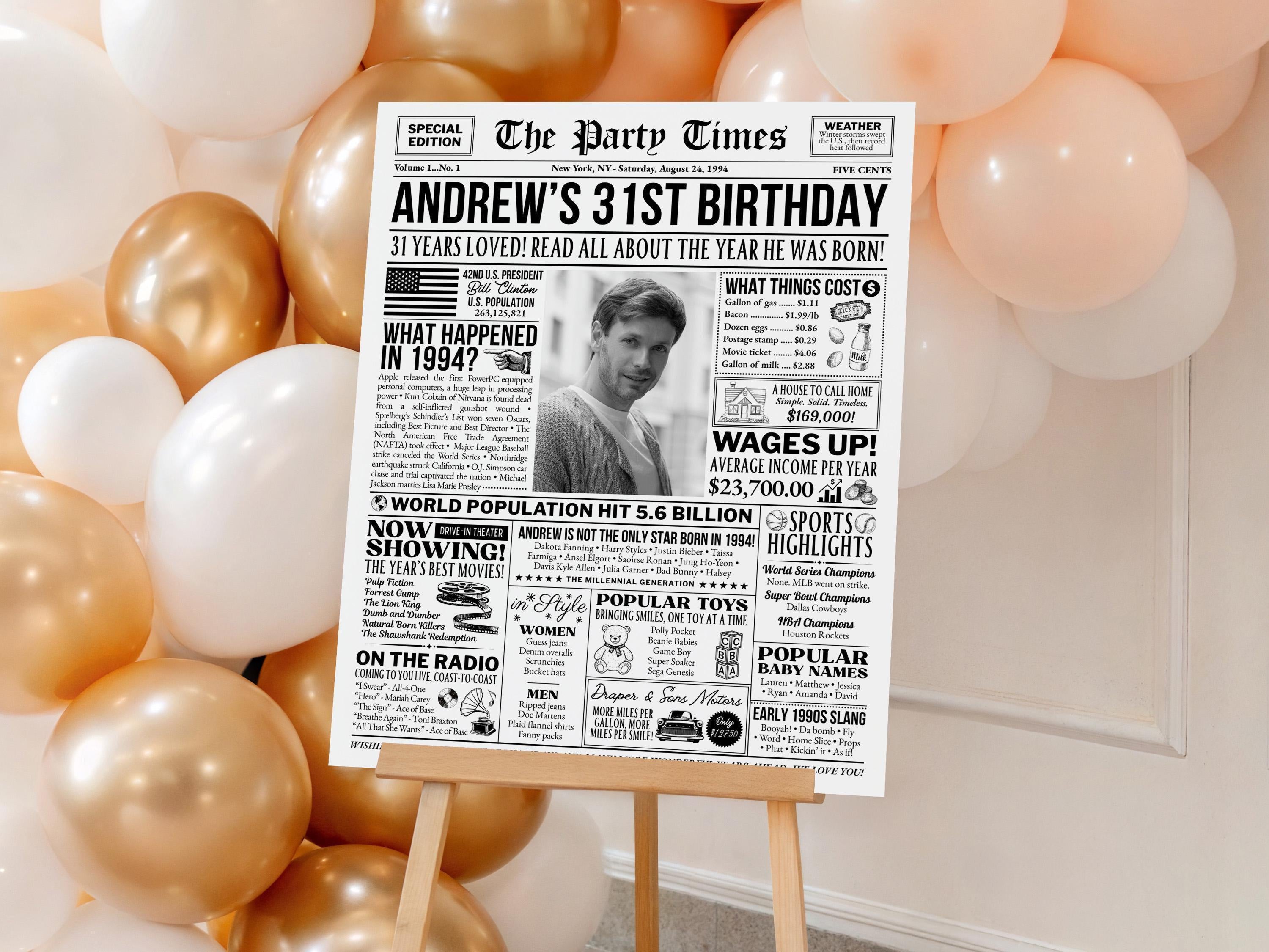31st Birthday Newspaper Poster Sign, Back In 1994 Retro Party Decorations, Editable Custom Year You Were Born Printable, Edit With Canva