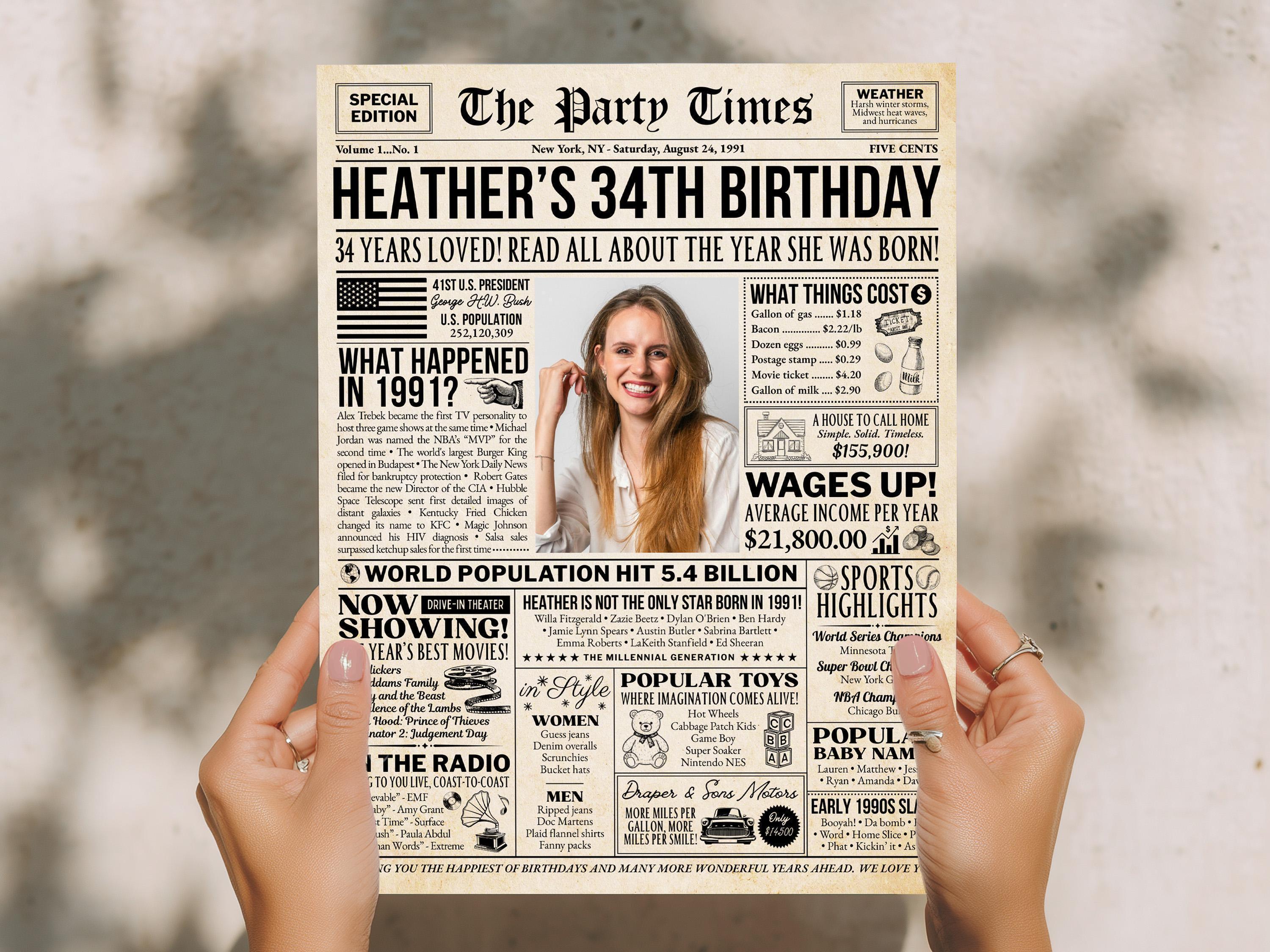 34th Birthday Newspaper Poster Sign, Back In 1991 Retro Party Decorations, Editable Custom Year You Were Born Printable, Edit With Canva