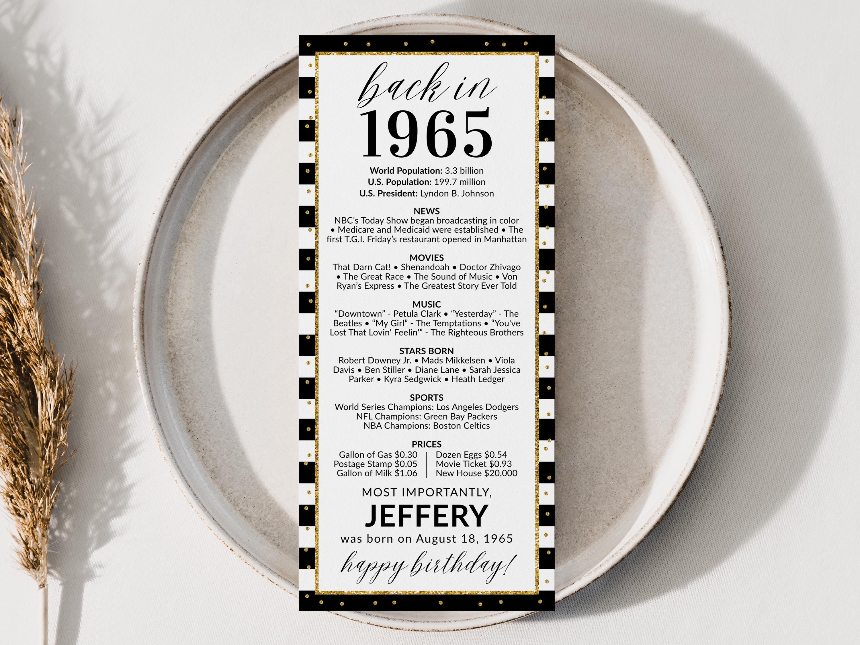 60th Birthday Place Cards Back In 1965