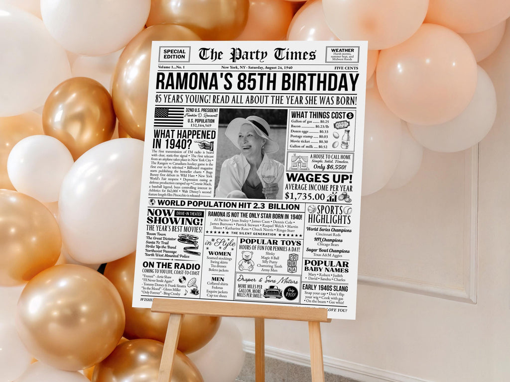 85th Birthday Newspaper Poster Sign, Back in 1940 Gift for Men or Women, Year You Were Born USA Fun Facts Party Decorations, Edit With Canva