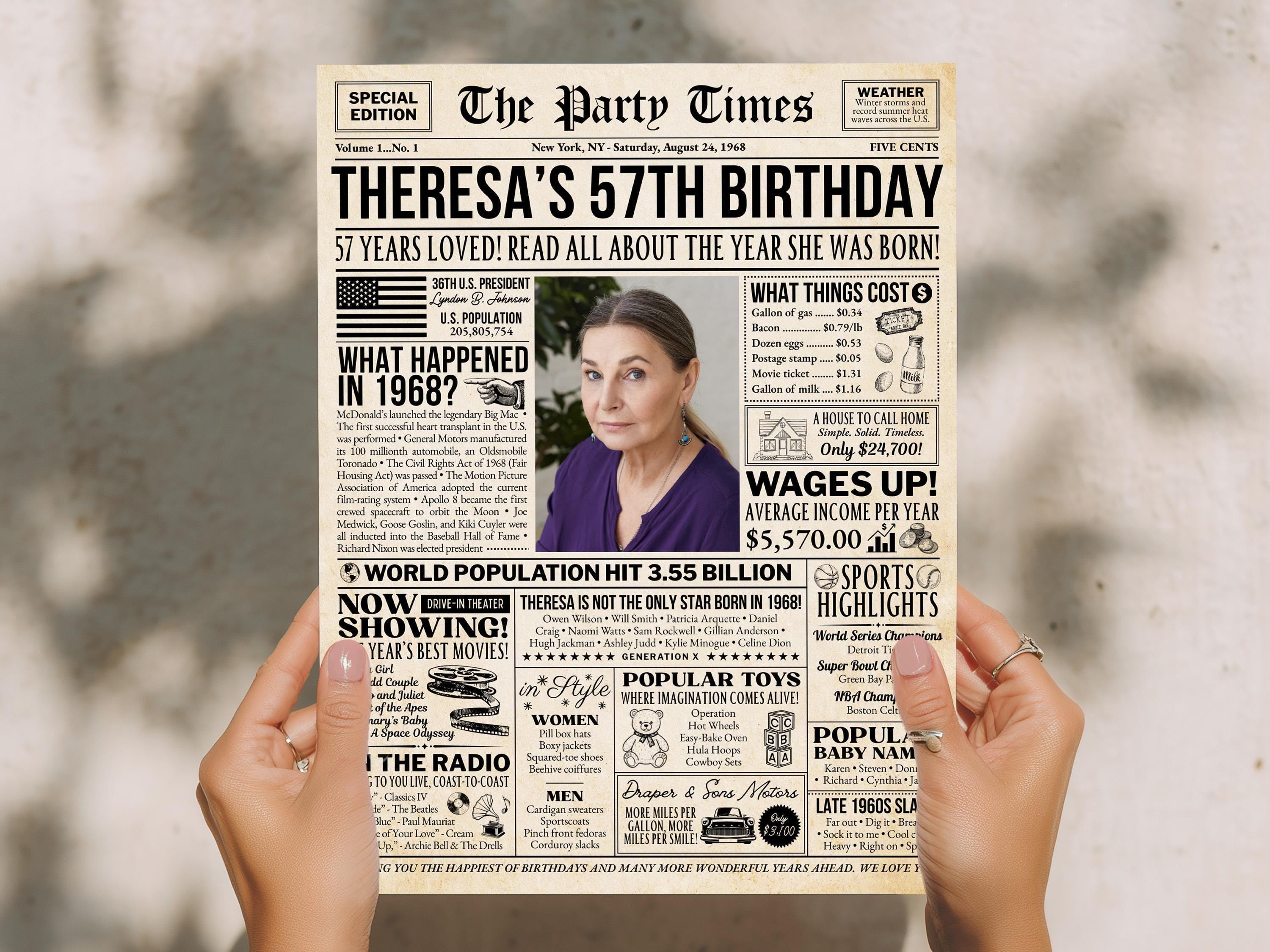 57th Birthday Newspaper Poster Sign, Back in 1968 USA Facts, Editable 57 Years Ago Vintage Style Birthday Party Decoration, Edit With Canva