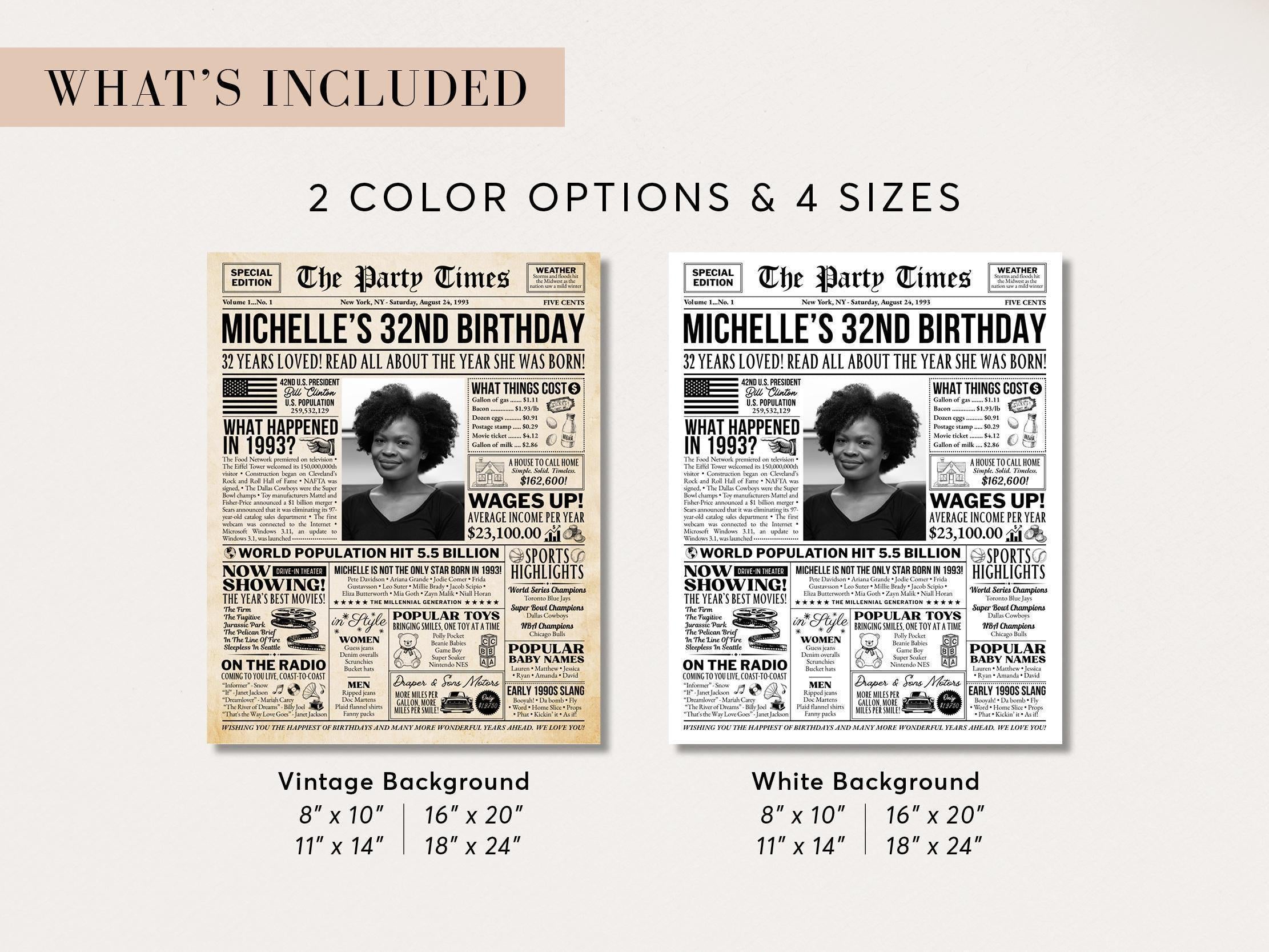 32nd Birthday Newspaper Sign, Back In 1993 Vintage Poster, Personalized Birthday Decor, 1993 Facts Print, Edit With Canva