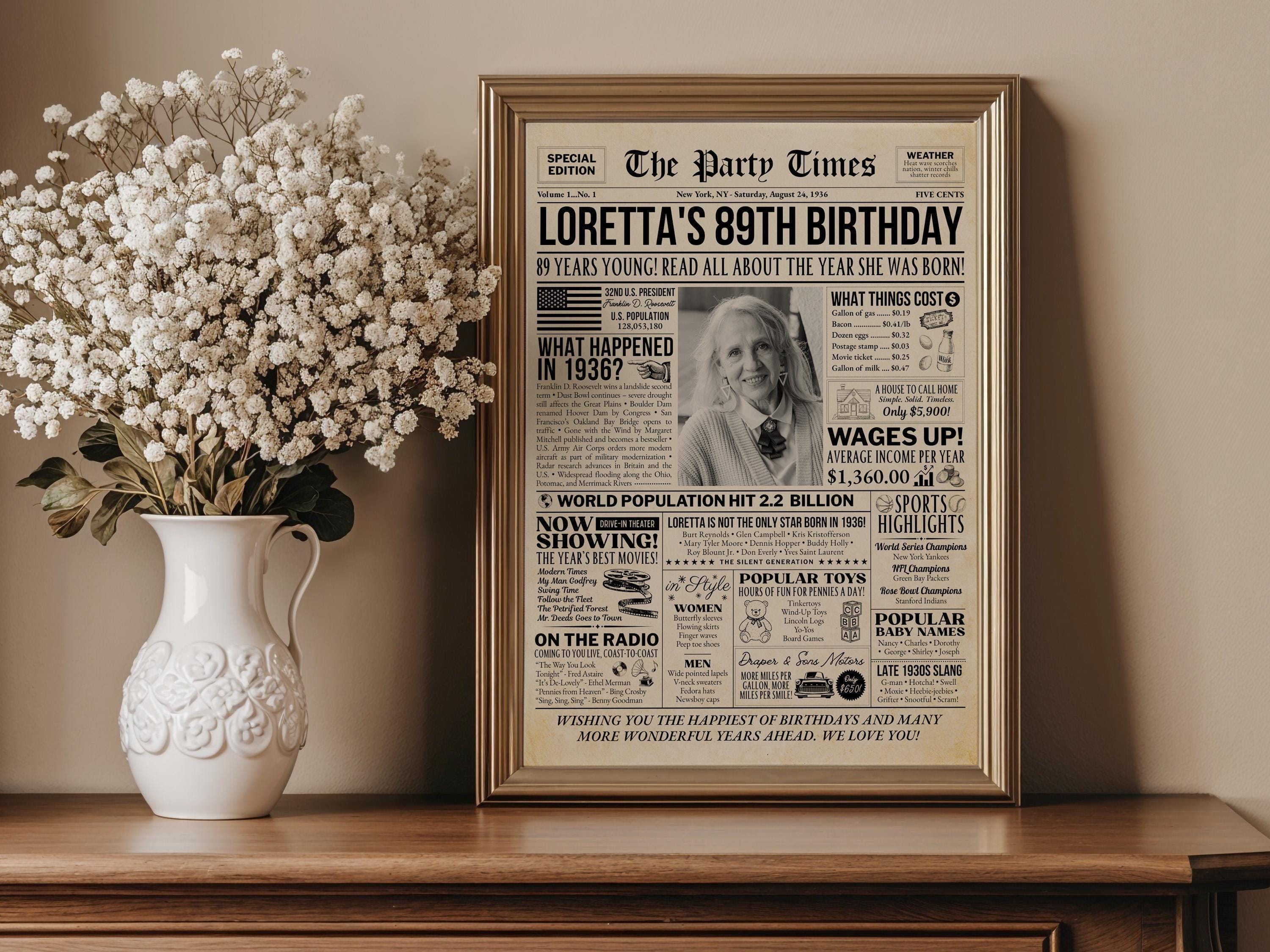 89th Birthday Gift, Born In 1936 Newspaper Poster, Editable Vintage Retro Birthday Sign, Personalized Gift For Grandparent, Edit With Canva