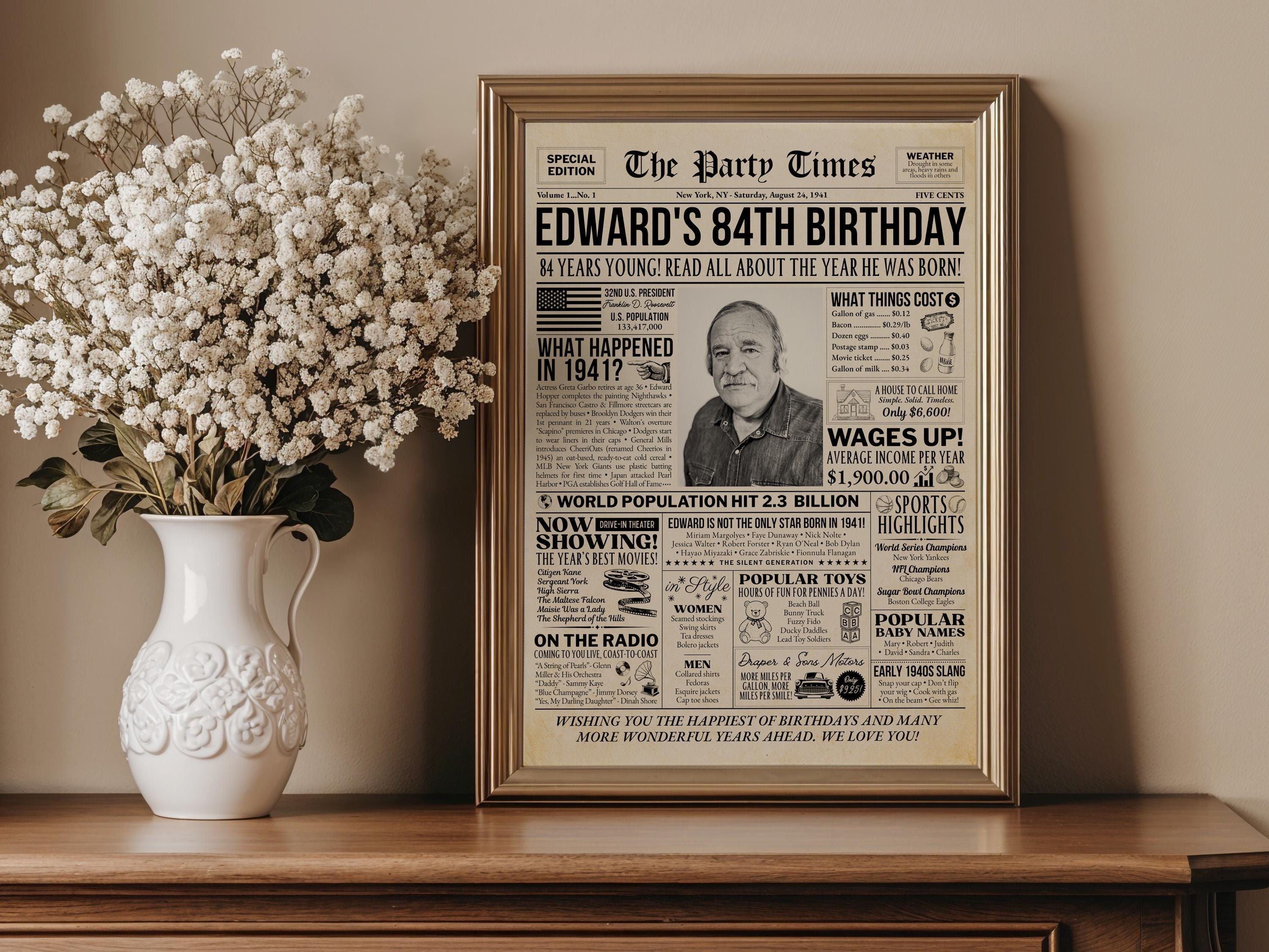 84th Birthday Celebration Sign, Back in 1941 Newspaper Poster, Custom Gift for Seniors, Photo Birthday Welcome Sign, Edit With Canva