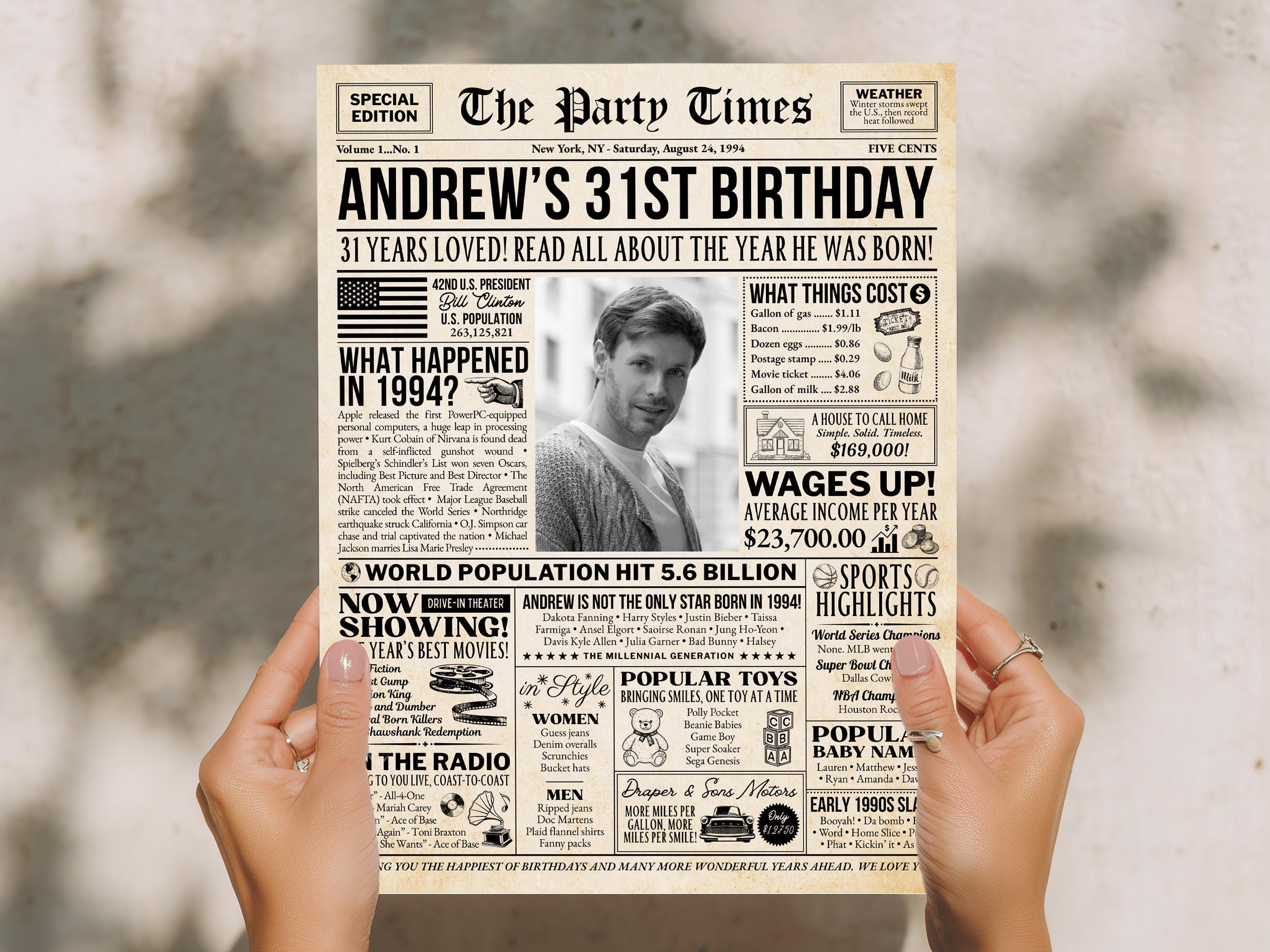 31st Birthday Newspaper Poster Sign, Back In 1994 Retro Party Decorations, Editable Custom Year You Were Born Printable, Edit With Canva