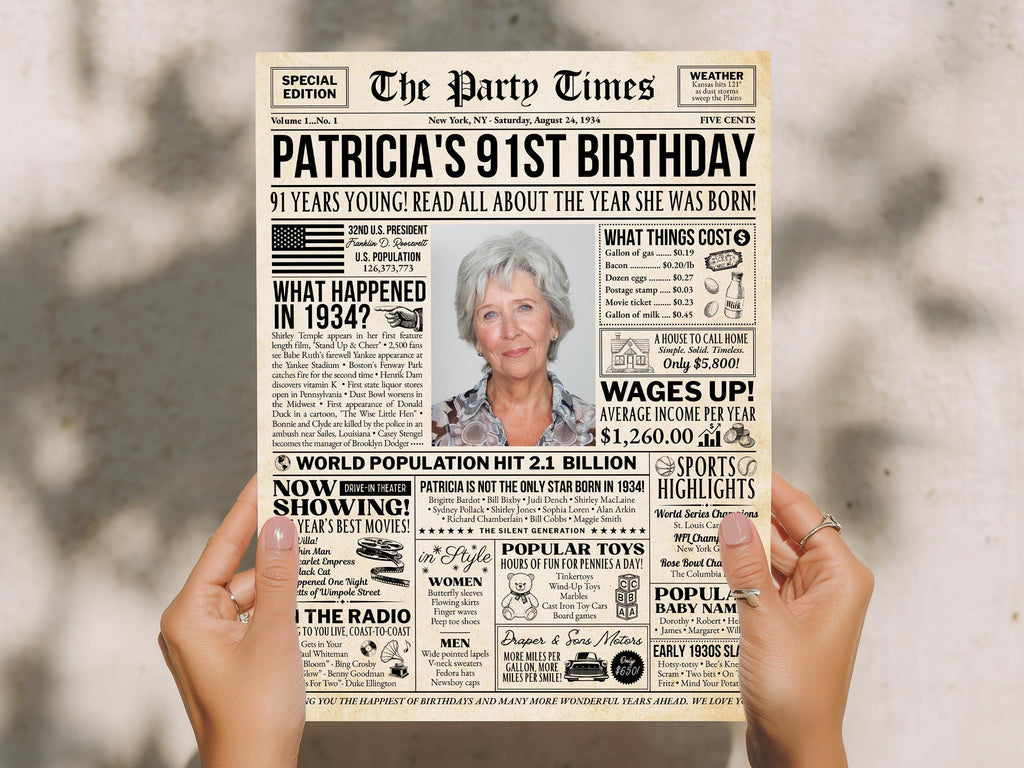91st Birthday Newspaper Poster Sign, Back In 1934 Birthday Gift For Elderly Women Or Men, Personalized Keepsake Printable, Edit With Canva
