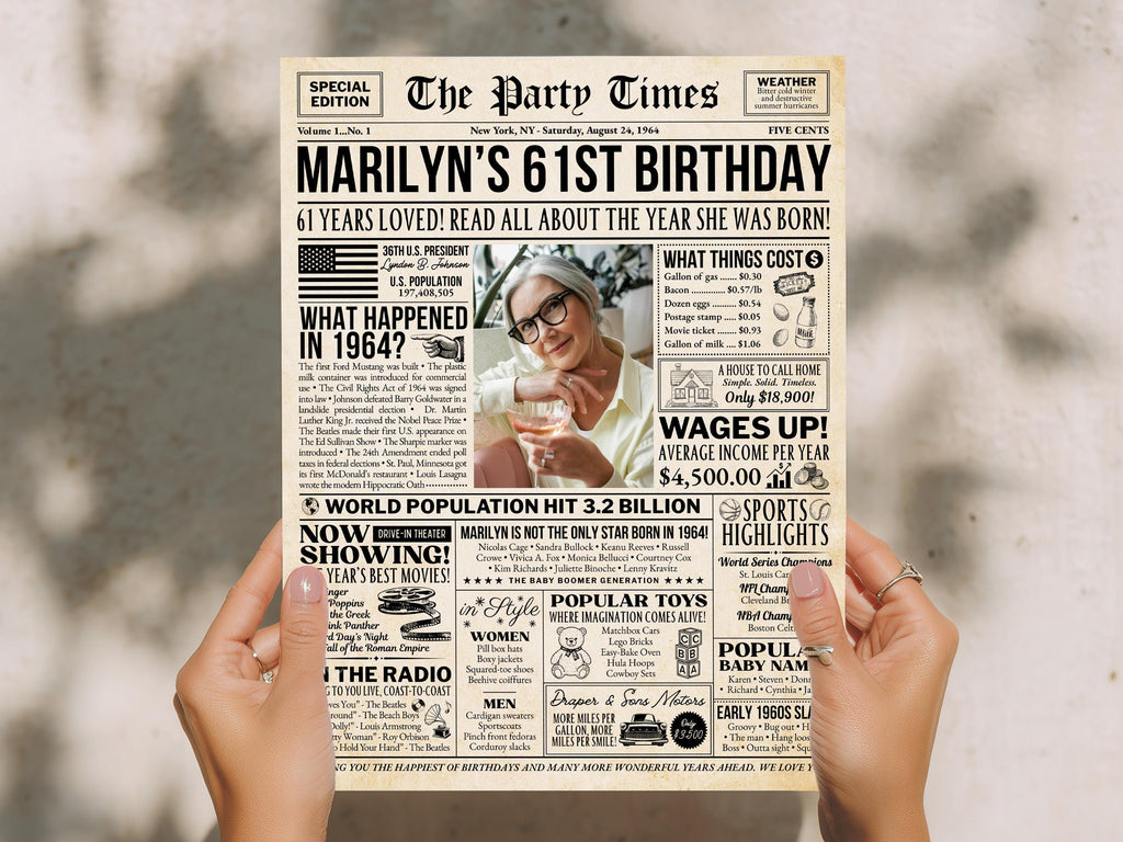 61st Birthday Newspaper Poster Sign, Back in 1964 Gift for Men or Women, 60s Theme Party Milestone Party Decorations, Edit With Canva