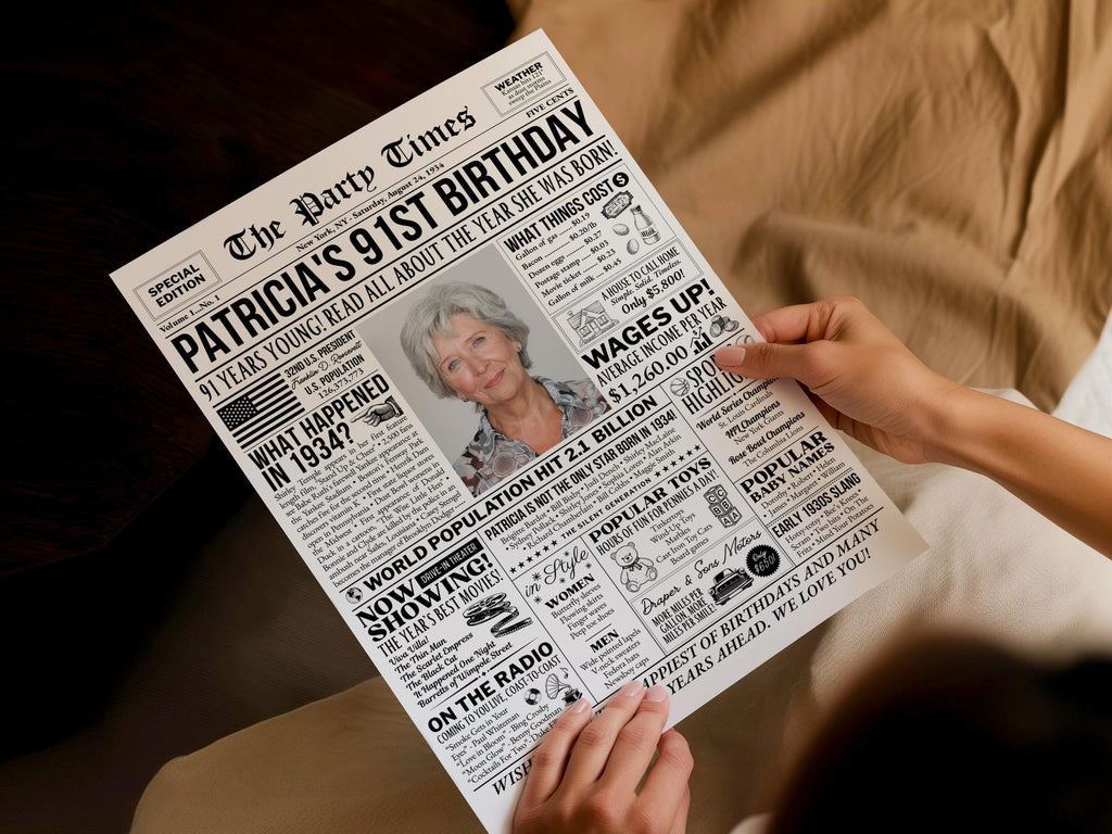 91st Birthday Newspaper Poster Sign, Back In 1934 Birthday Gift For Elderly Women Or Men, Personalized Keepsake Printable, Edit With Canva