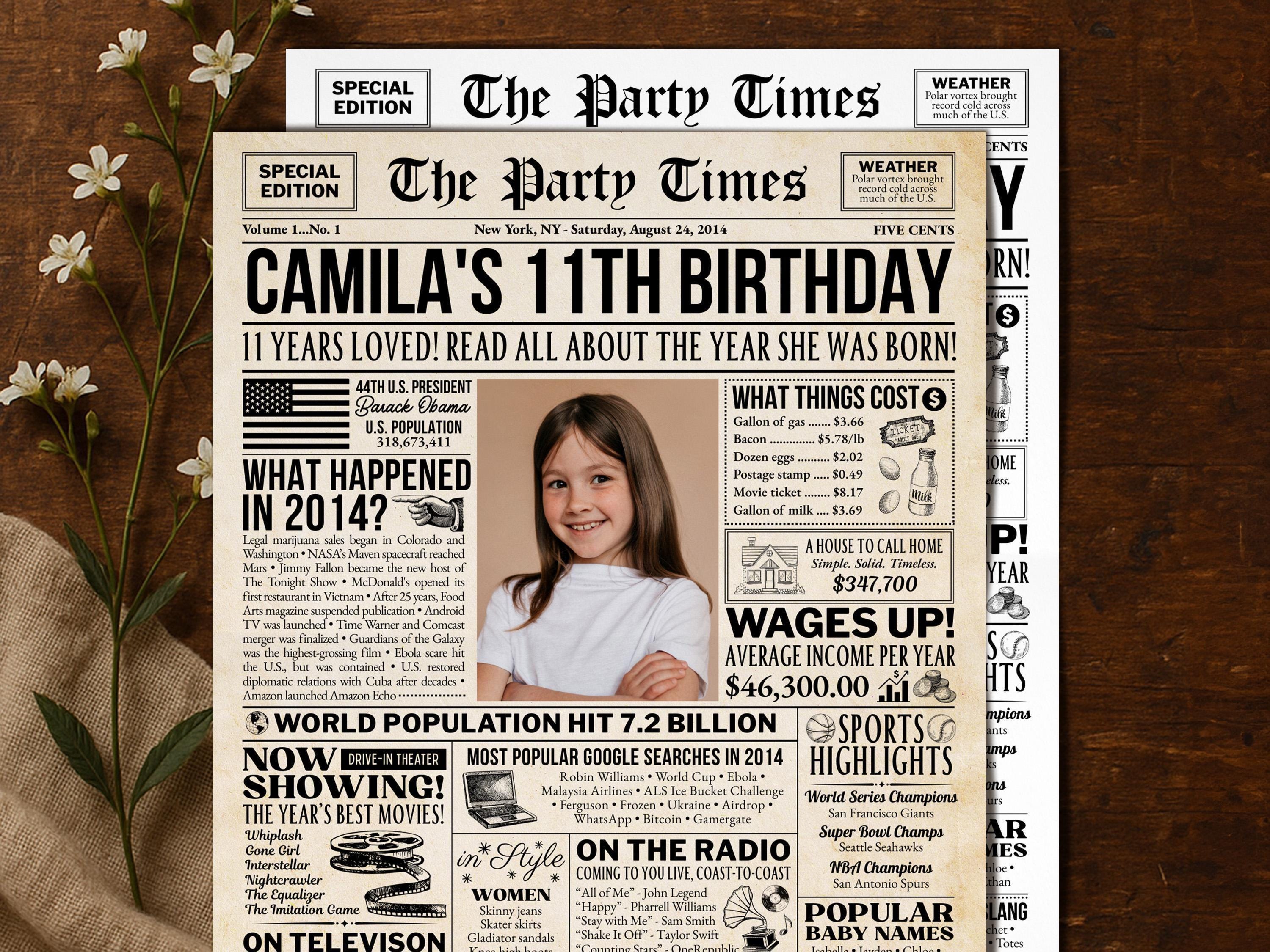 11th Birthday Newspaper Poster, Back in 2014 Photo Welcome Sign, Tween Milestone Party Decorations, Year You Were Born, Edit With Canva