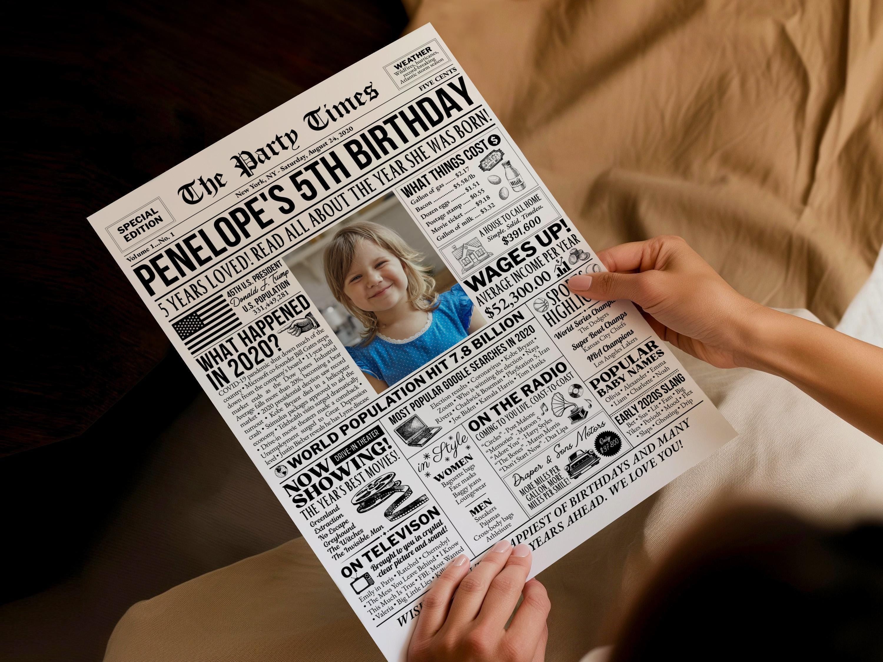 5th Birthday Newspaper Sign, Back in 2020 Poster, Editable 5 Years Loved, Personalized Trivia Photo Welcome Sign Printable, Edit With Canva