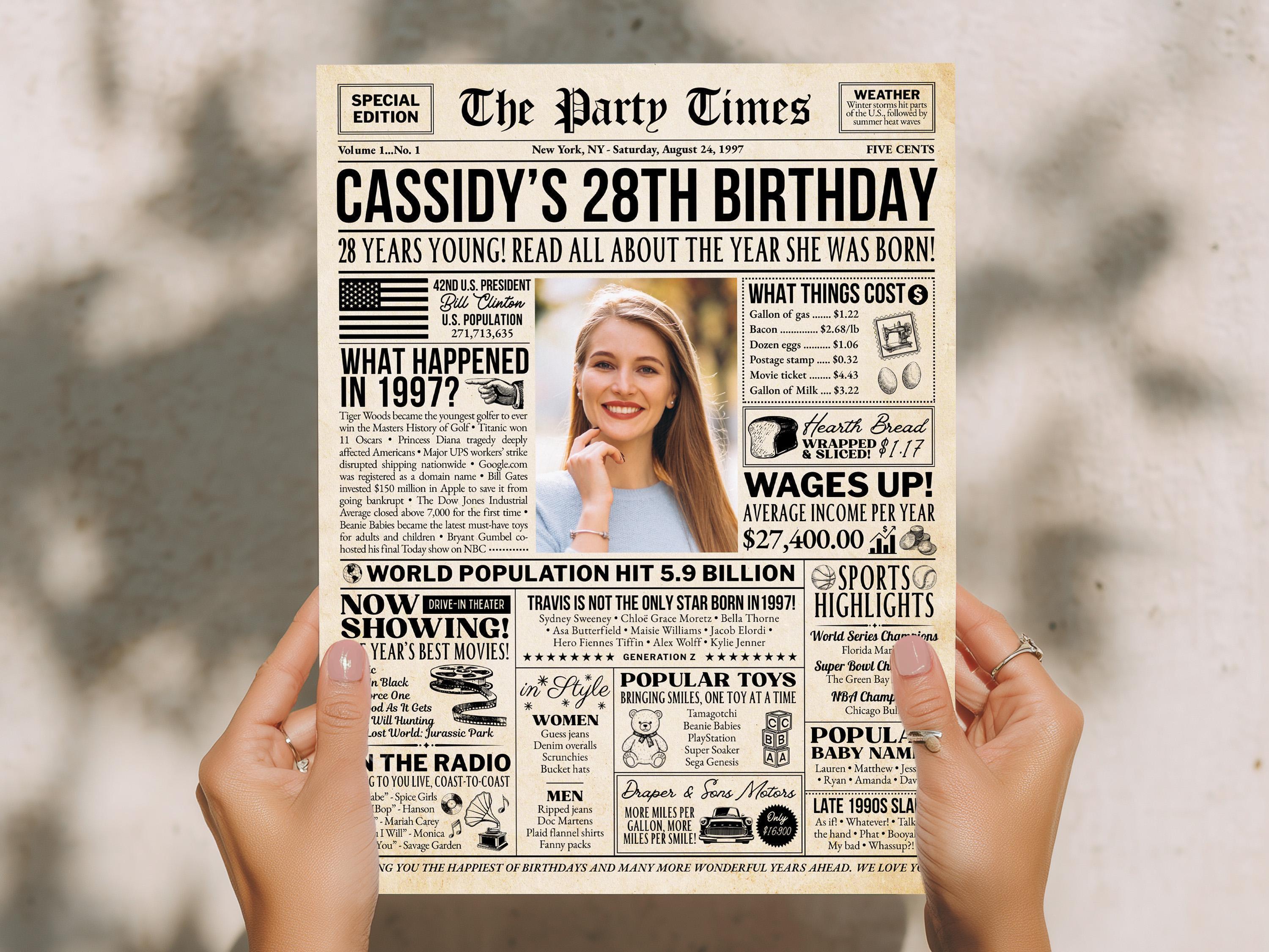 28th Birthday Newspaper Poster Sign, Back in 1997 USA Facts, Editable 90s Throwback Party 28 Years Ago Party Decoration, Edit With Canva