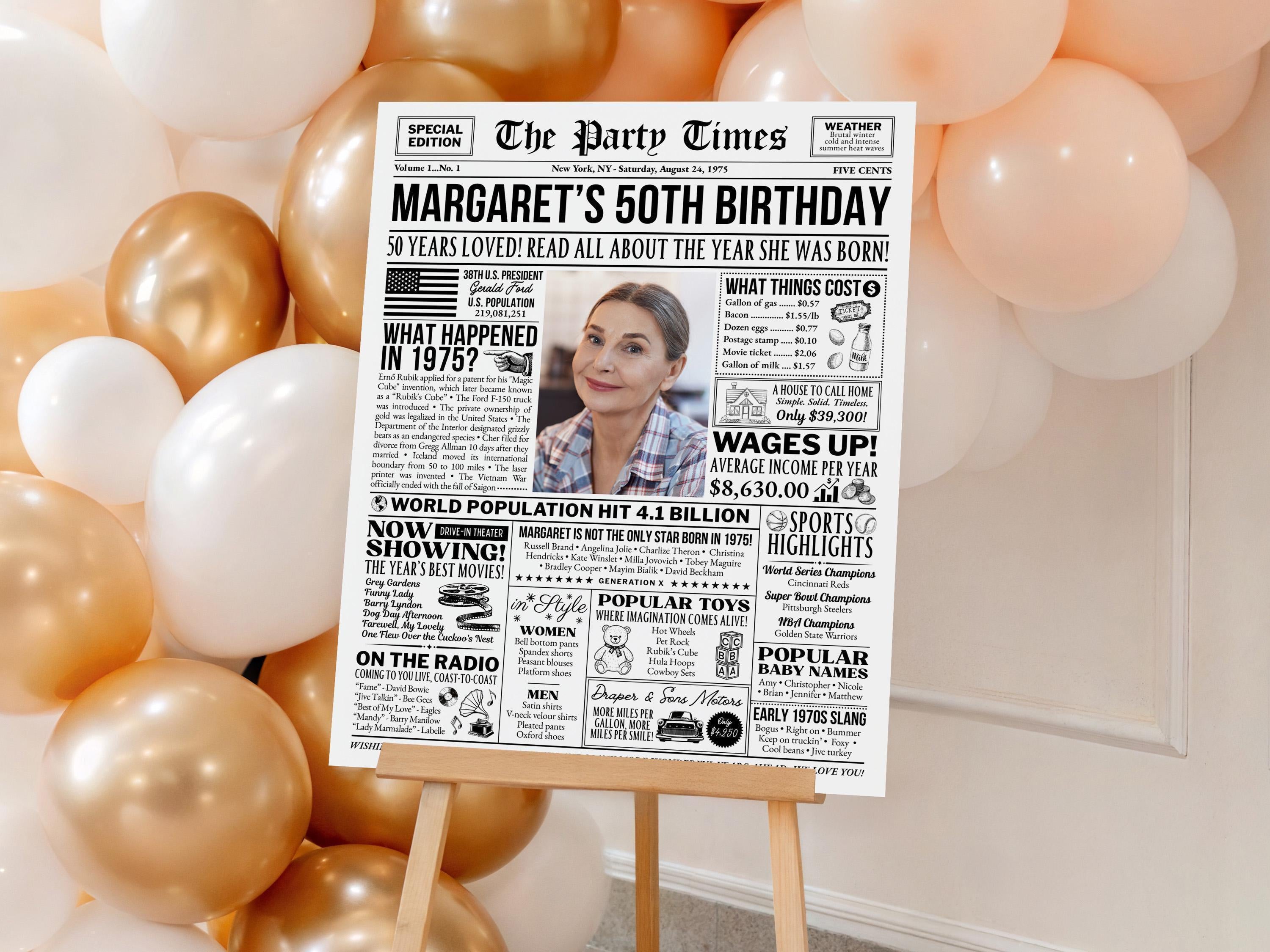 50th Birthday Newspaper Poster Sign, Born in 1975 Party Decorations, Personalized 50 Years Ago Gift For Men Or Women, Edit With Canva