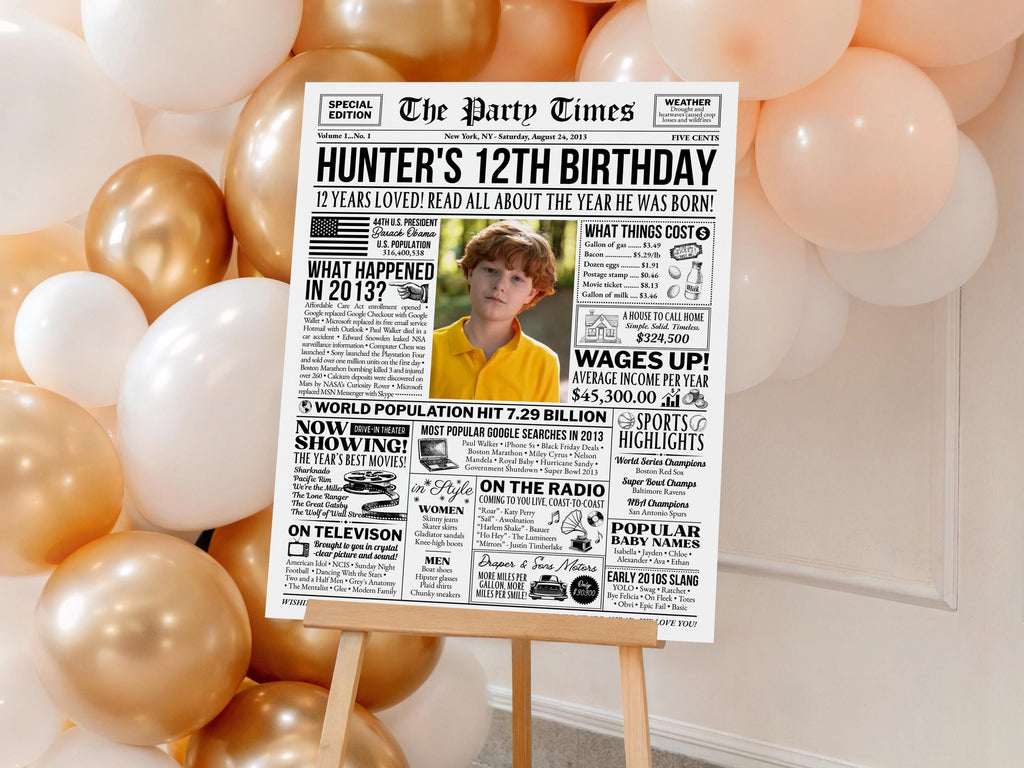 12th Birthday Gift Back in 2013 Newspaper Poster, 2013 Birth Year Fun Facts Sign, Preteen Party Decoration Printable, Edit With Canva