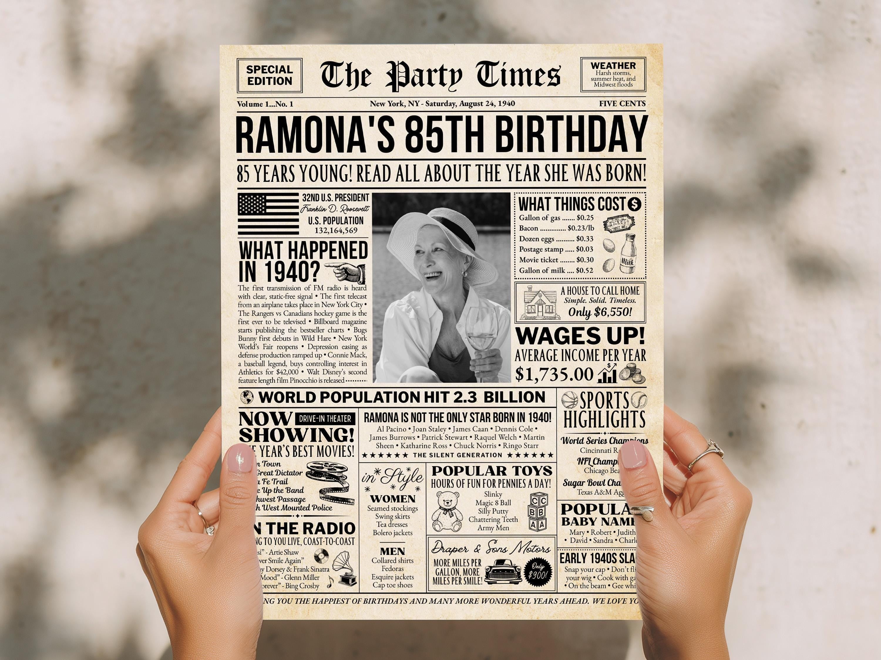85th Birthday Newspaper Poster Sign, Back in 1940 Gift for Men or Women, Year You Were Born USA Fun Facts Party Decorations, Edit With Canva