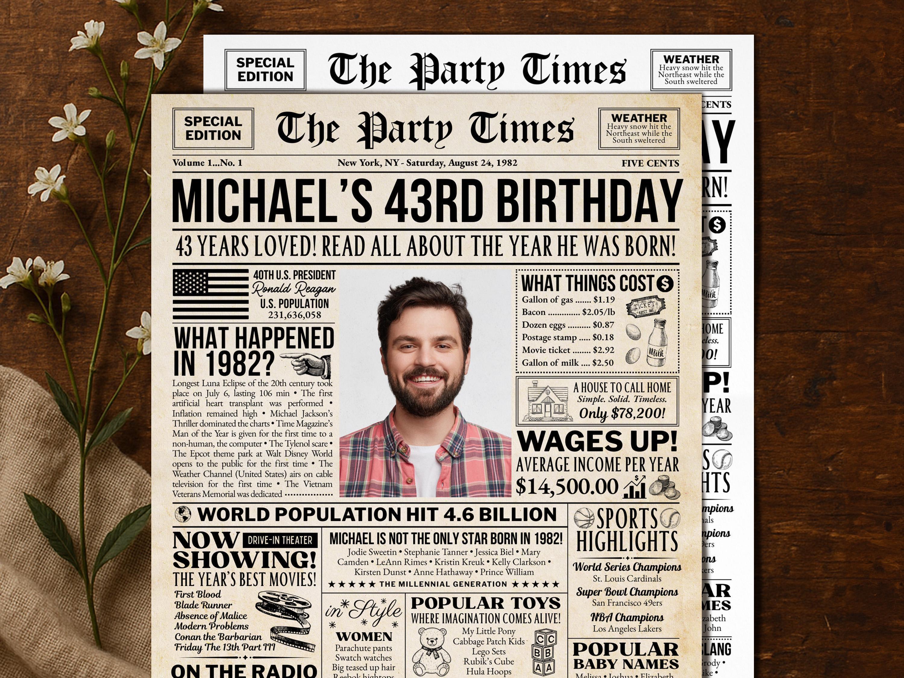 43rd Birthday Gift, Back in 1982 Newspaper Poster, Editable 43 Years Ago Trivia, Personalized Millennial Gift Printable, Edit With Canva