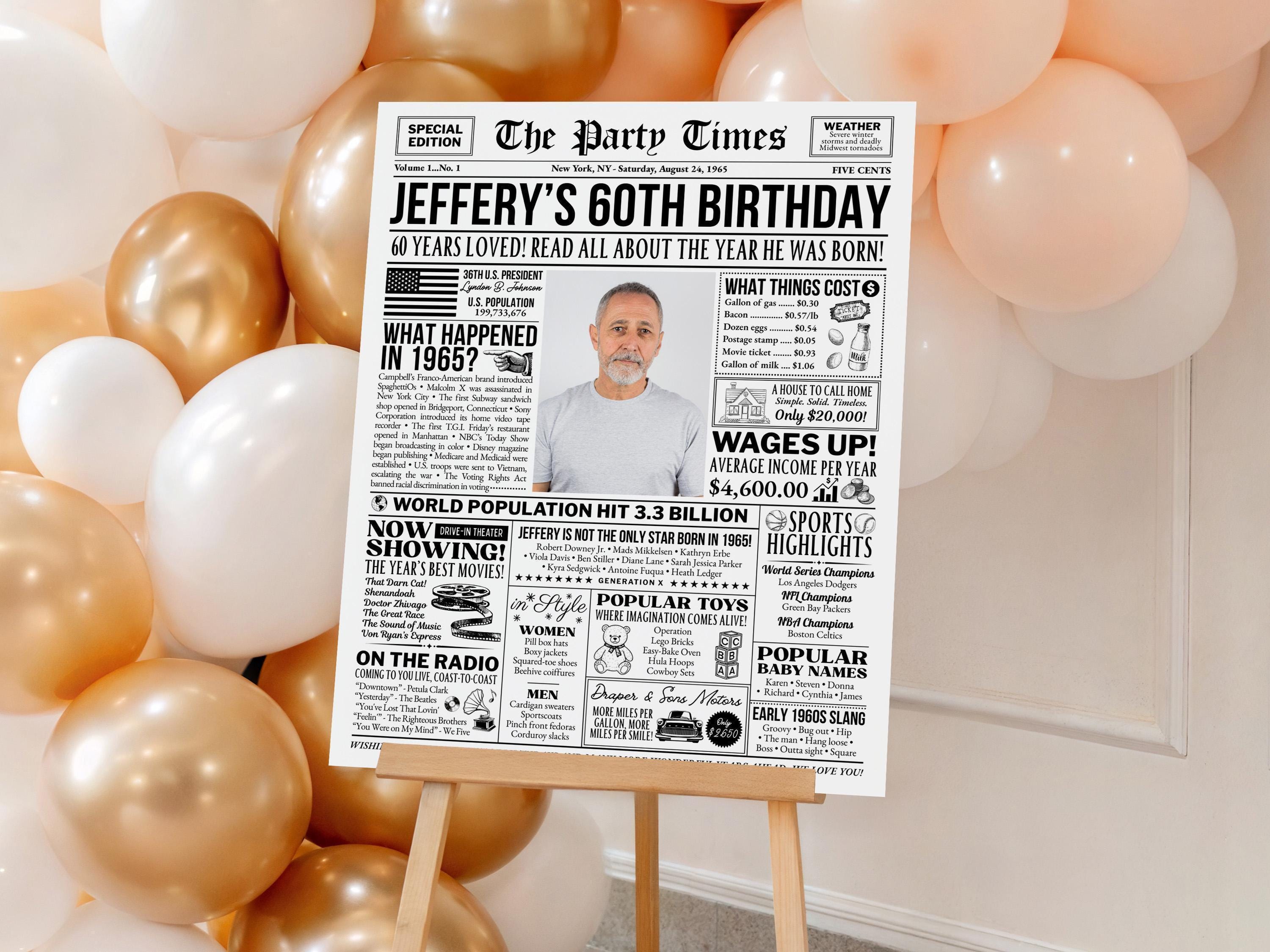 60th Birthday Newspaper Poster, Back in 1965 Sign, Custom Birthday Milestone Photo Keepsake, Back to the 60s Welcome Sign, Edit With Canva