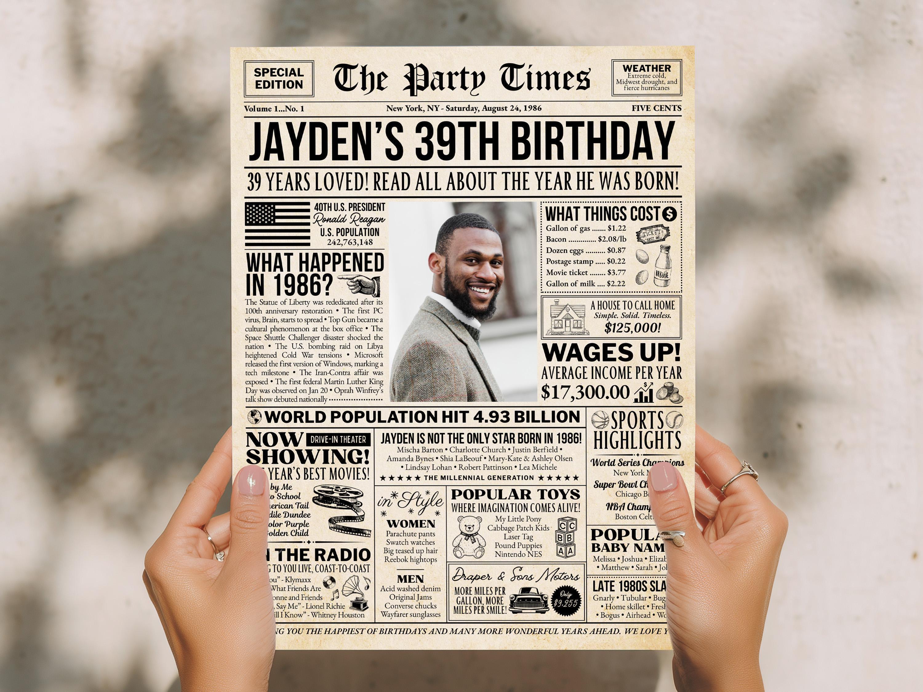 39th Birthday Gift, Back in 1986 Newspaper Poster, Personalized Gift for Husband Or Wife, Unique Party Keepsake Printable, Edit With Canva