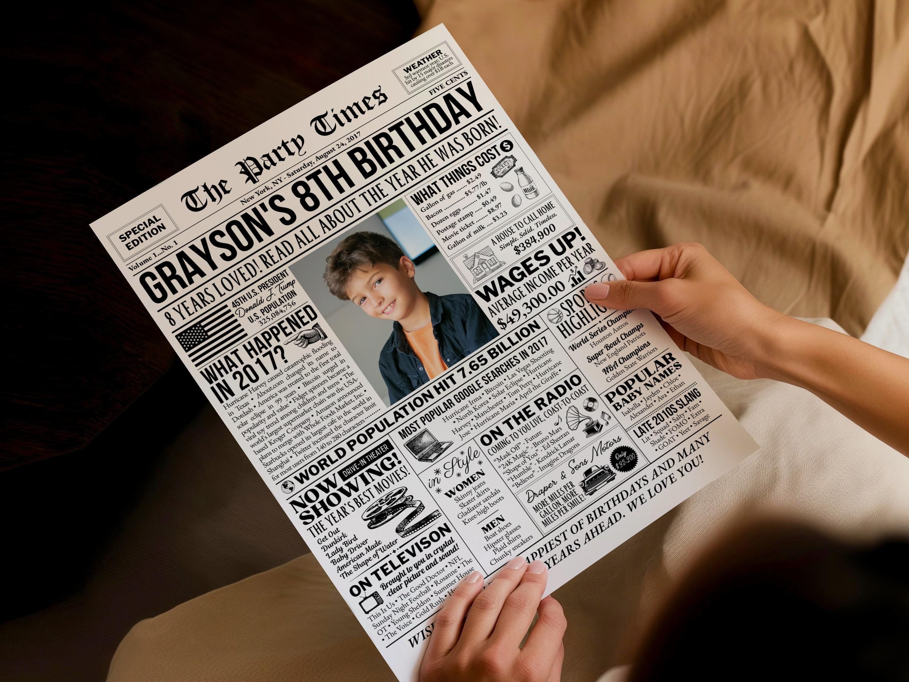 8th Birthday Newspaper Poster Sign, Back in 2017 USA Facts, Editable 8 Years Loved Photo Welcome Sign, Party Decorations, Edit With Canva