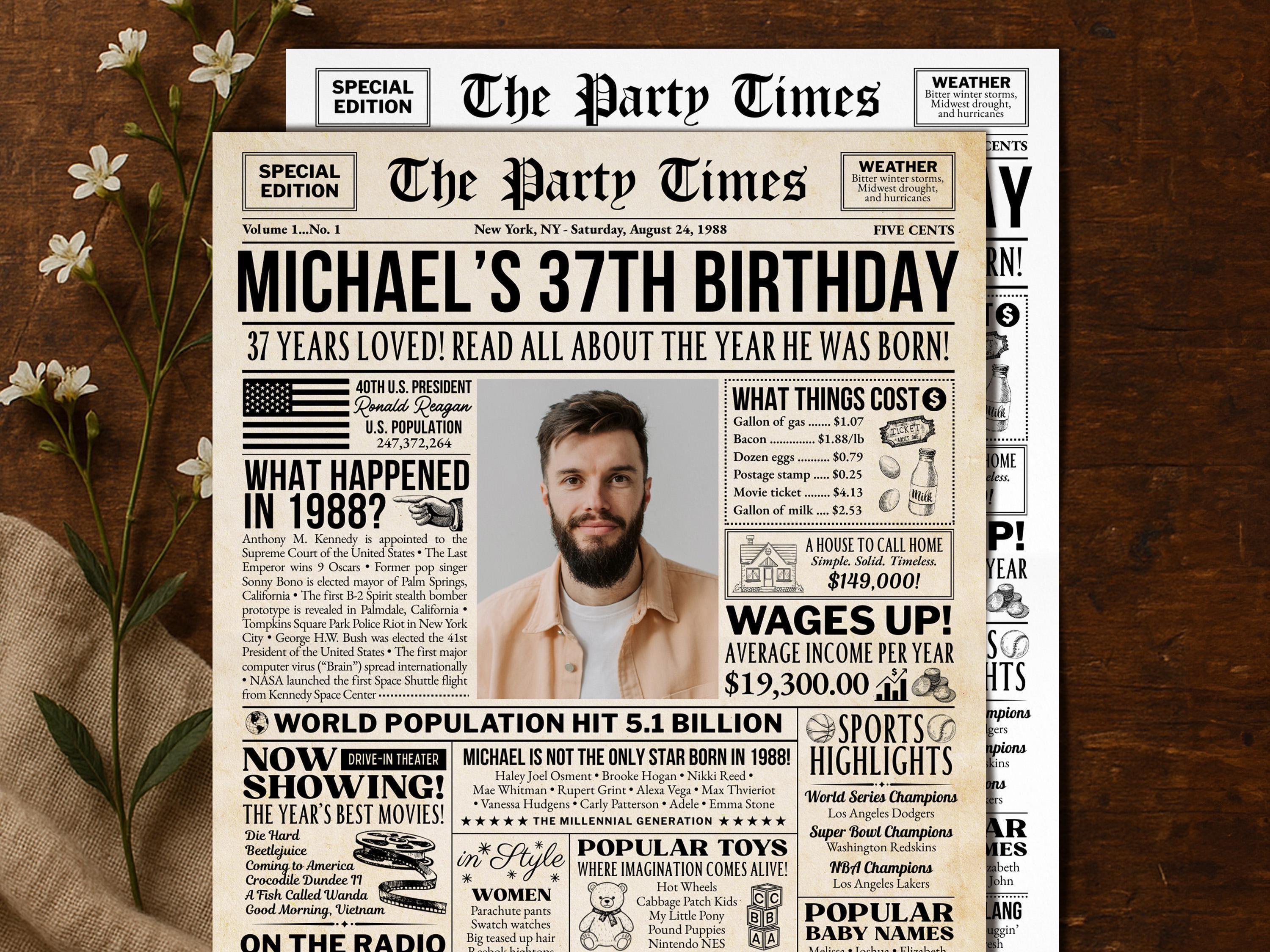 37th Birthday Newspaper Poster, Born In 1988 Birthday Milestone Trivia Sign, Editable Vintage Party Decorations Printable, Edit With Canva
