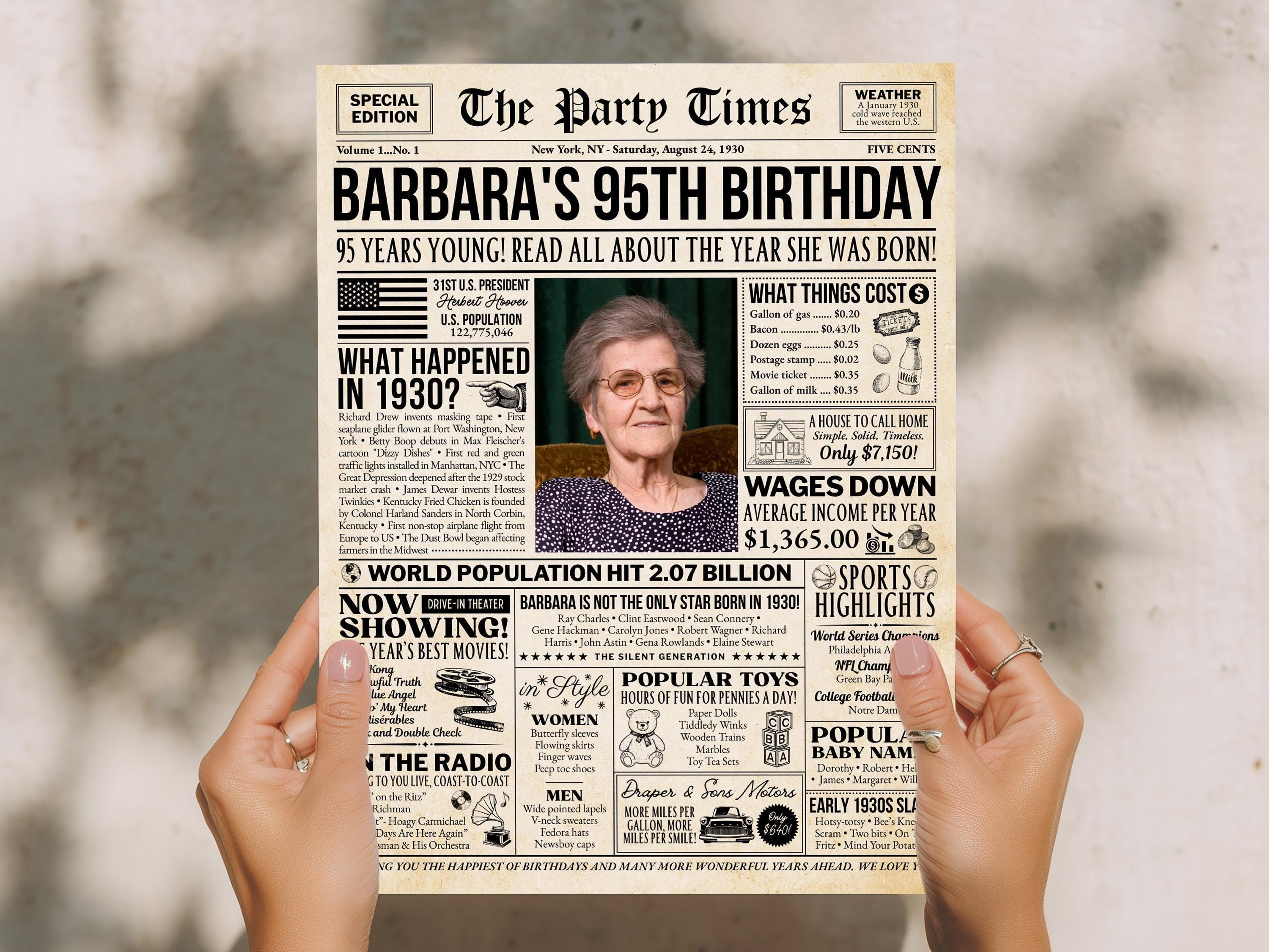 95th Birthday Gift, Back in 1930 Newspaper Poster, Personalized Gift For Grandma, Editable Vintage 95th Birthday Sign, Edit With Canva