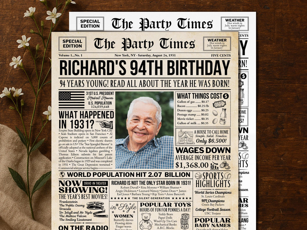 94th Birthday Newspaper Sign, Back in 1931 Poster