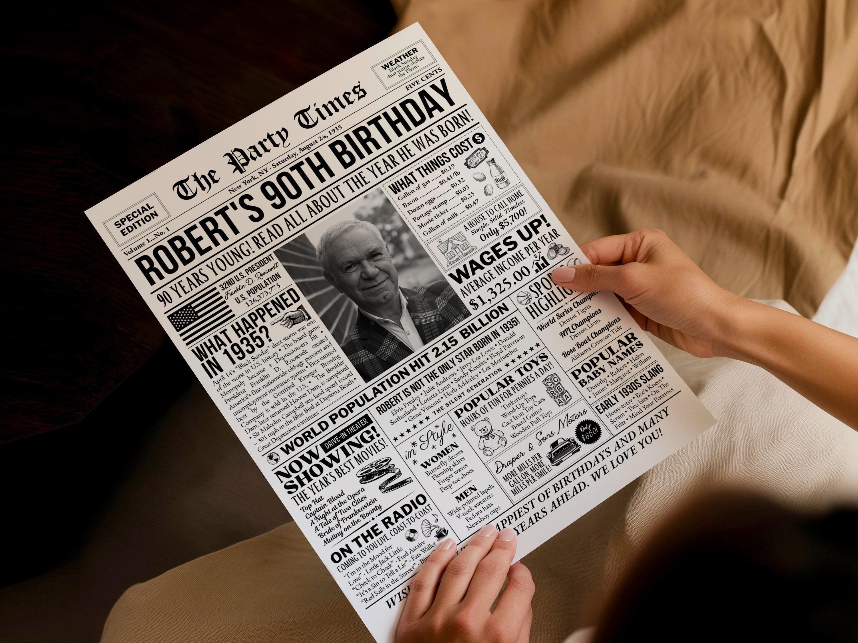 90th Birthday Newspaper Poster Sign, Born In 1935 Birthday Milestone Gift For Seniors, Editable Party Decorations Printable, Edit With Canva