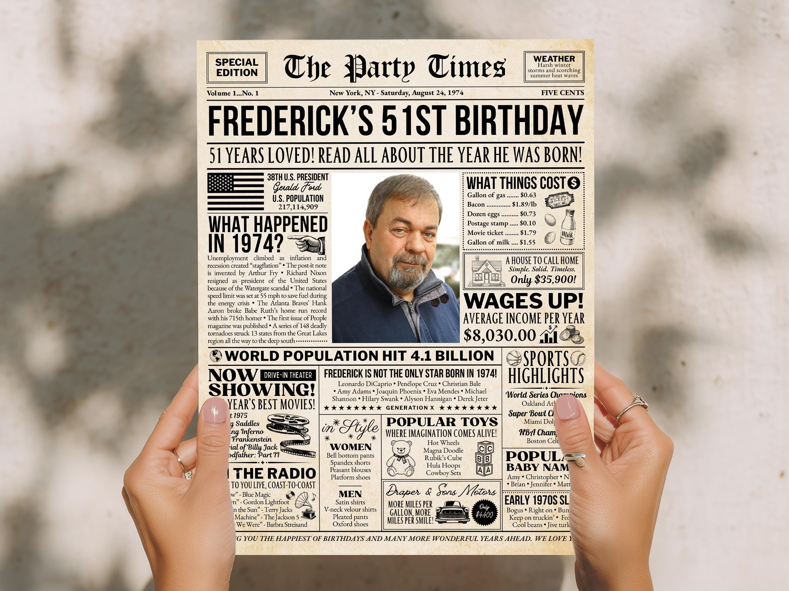 Born in 1974 Newspaper Poster, 51st Birthday Gift, Vintage Style Wall Art, Retro Birthday Decoration, Personalized Keepsake, Edit With Canva