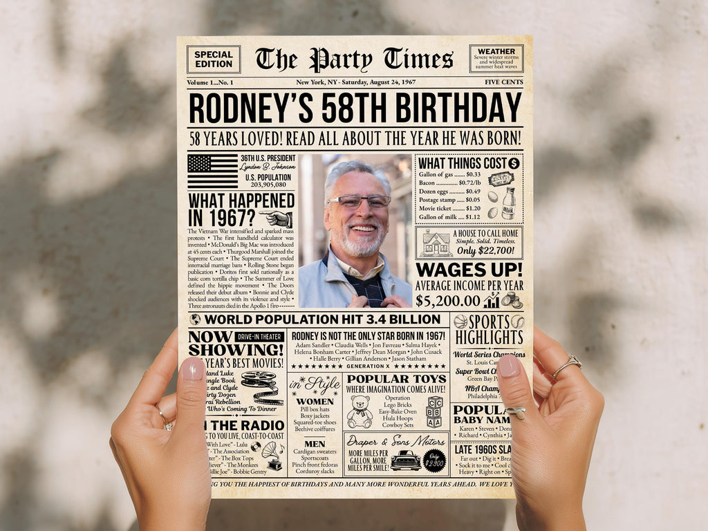 58th Birthday Gift, Back in 1967 Newspaper Poster Sign, Personalized Gift for Grandpa, USA Fun Facts Party Keepsake, Edit With Canva
