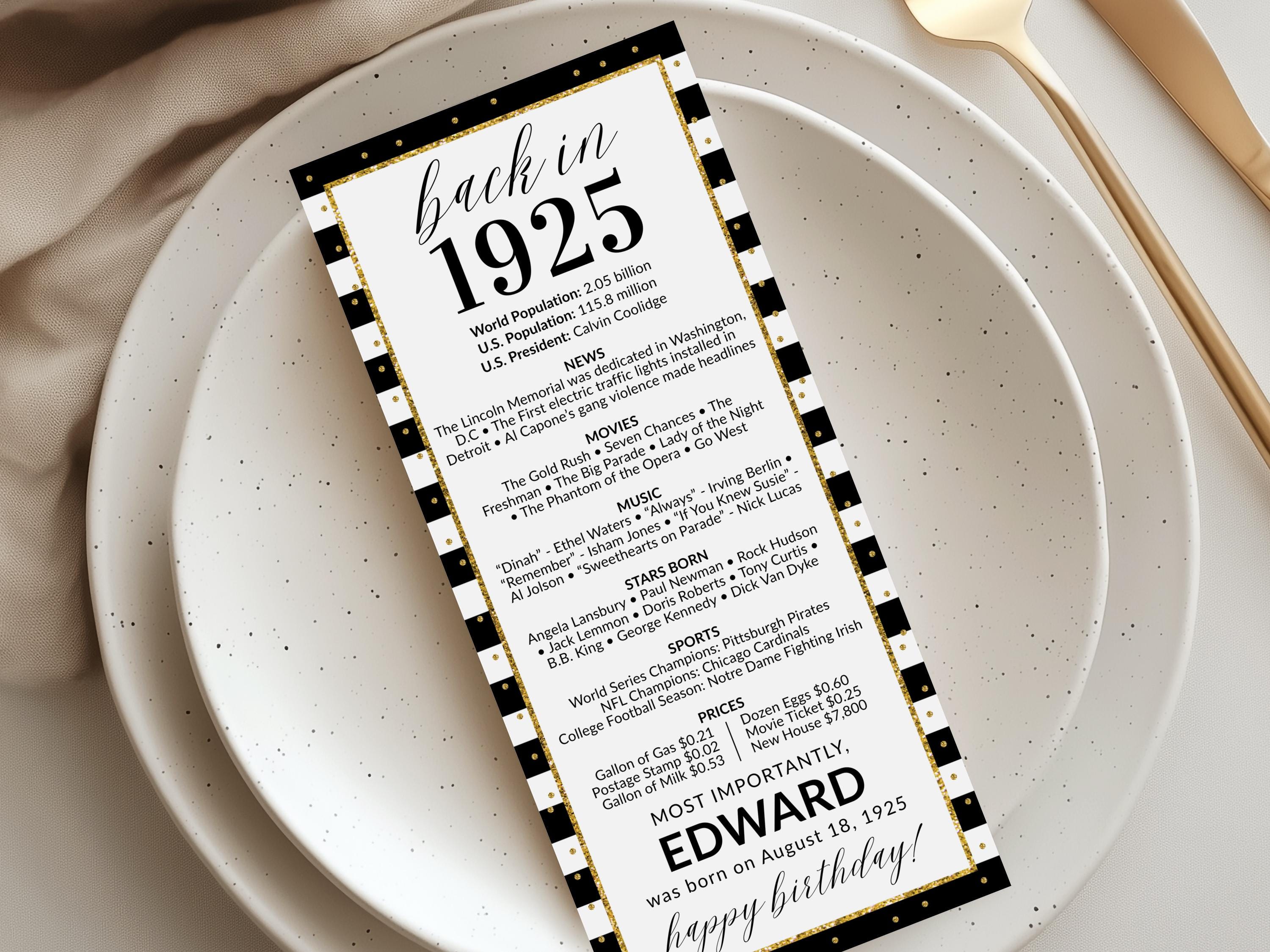 100th Birthday Place Cards, Editable Back In 1925 Party Decorations, 100th Milestone Birthday Trivia Table Cards Printable, Edit With Canva