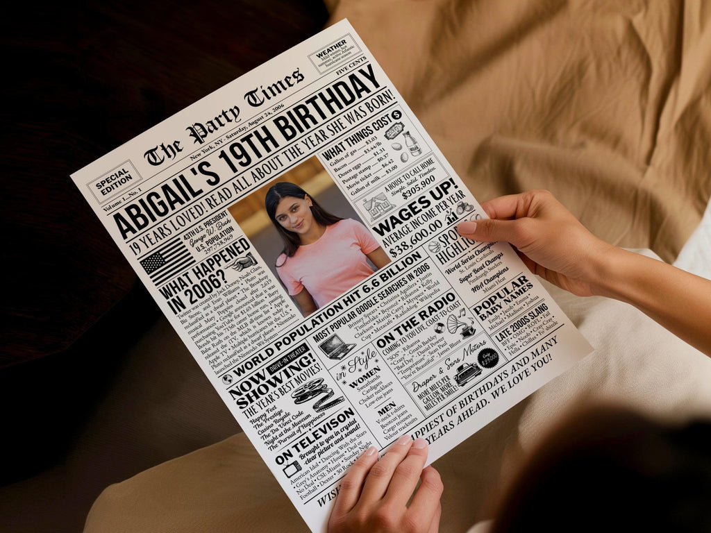 19th Birthday Newspaper Poster, Flashback to 2006, Year You Were Born, 19th Birthday Photo Welcome Trivia Sign Printable, Edit With Canva