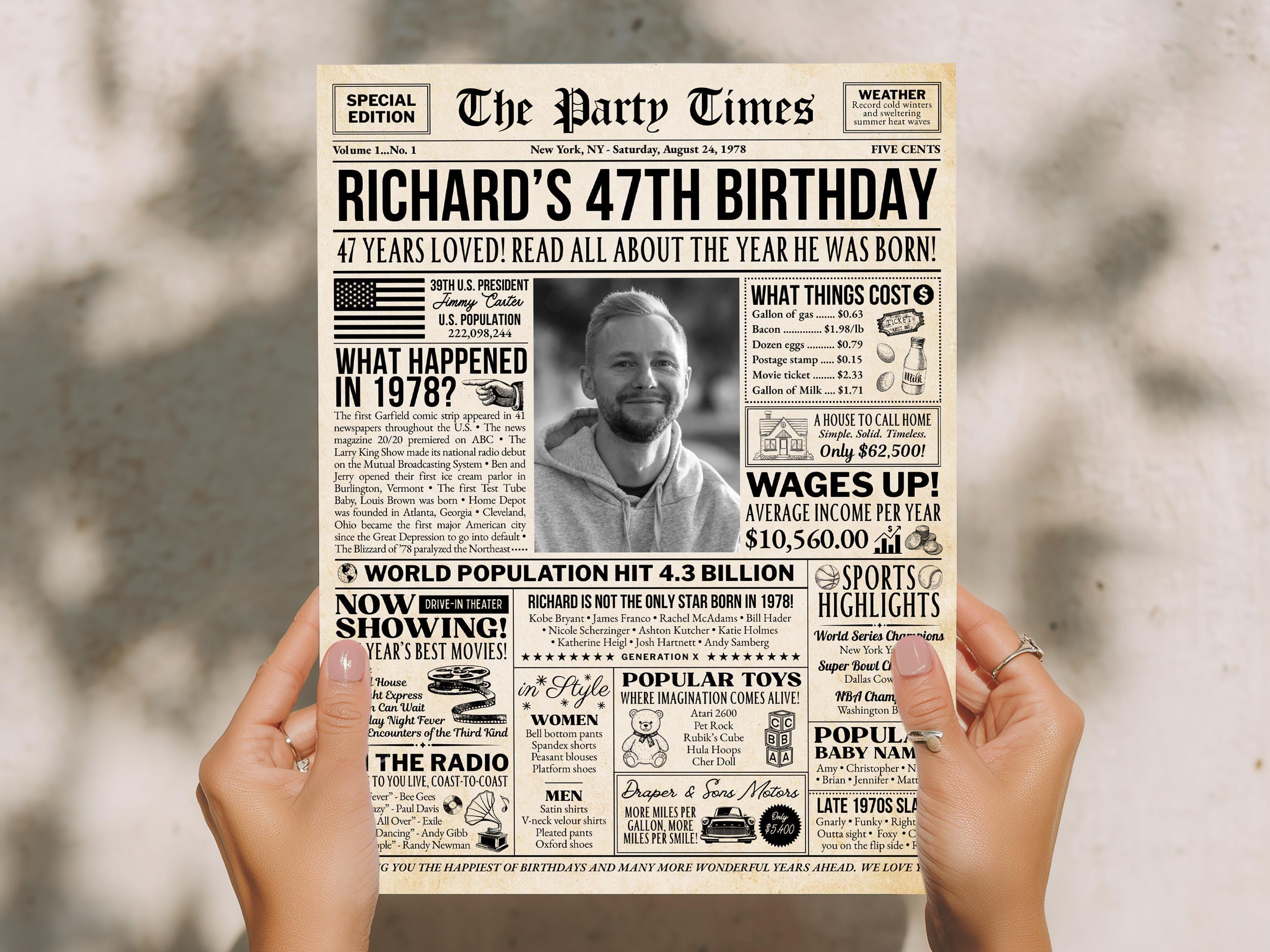 47th Birthday Newspaper Sign, 47 Years Ago Back in 1978 Vintage Poster, Birthday Decoration For Men Or Women Printable, Edit With Canva
