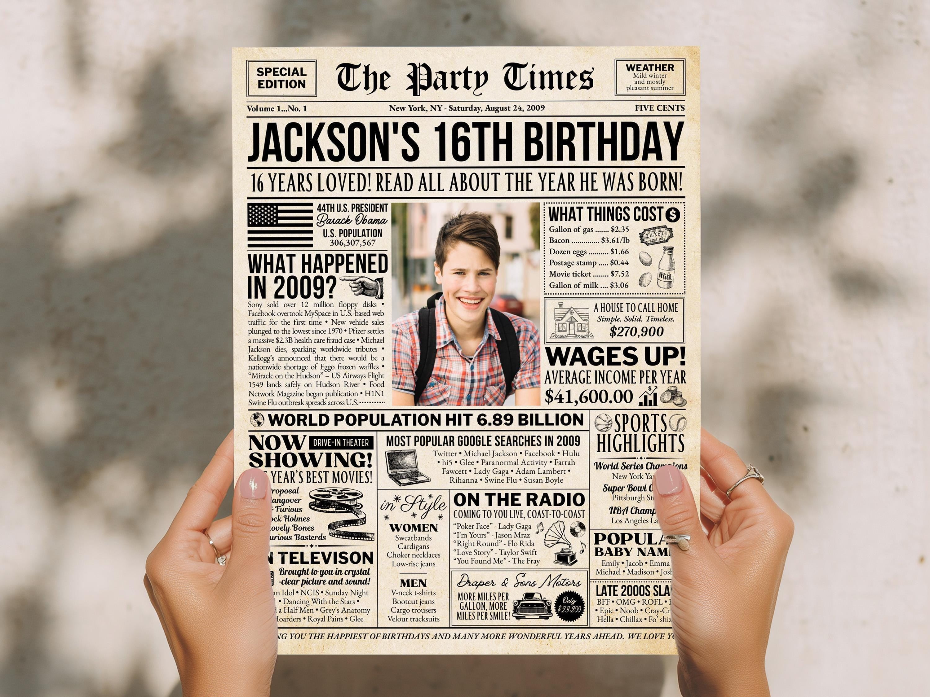 16th Birthday Newspaper Sign, Back in 2009 Vintage Poster, Sweet Sixteen Gift, 2009 USA Facts Party Decoration Print, Edit With Canva