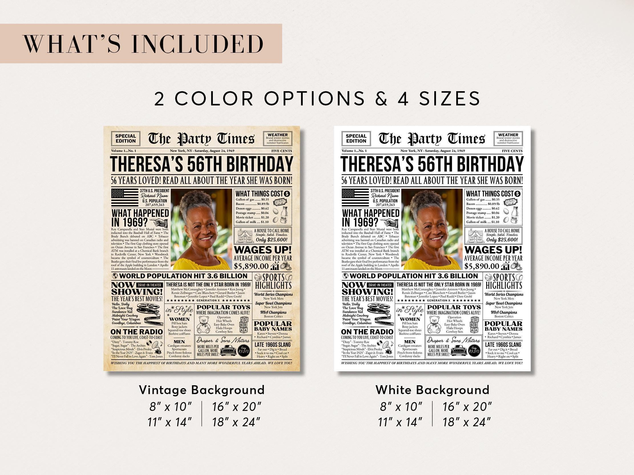 56th Birthday Newspaper Poster Sign, Back in 1969 Birthday Gift For Mom or Dad, Custom Nostalgic Keepsake Printable DIY, Edit With Canva
