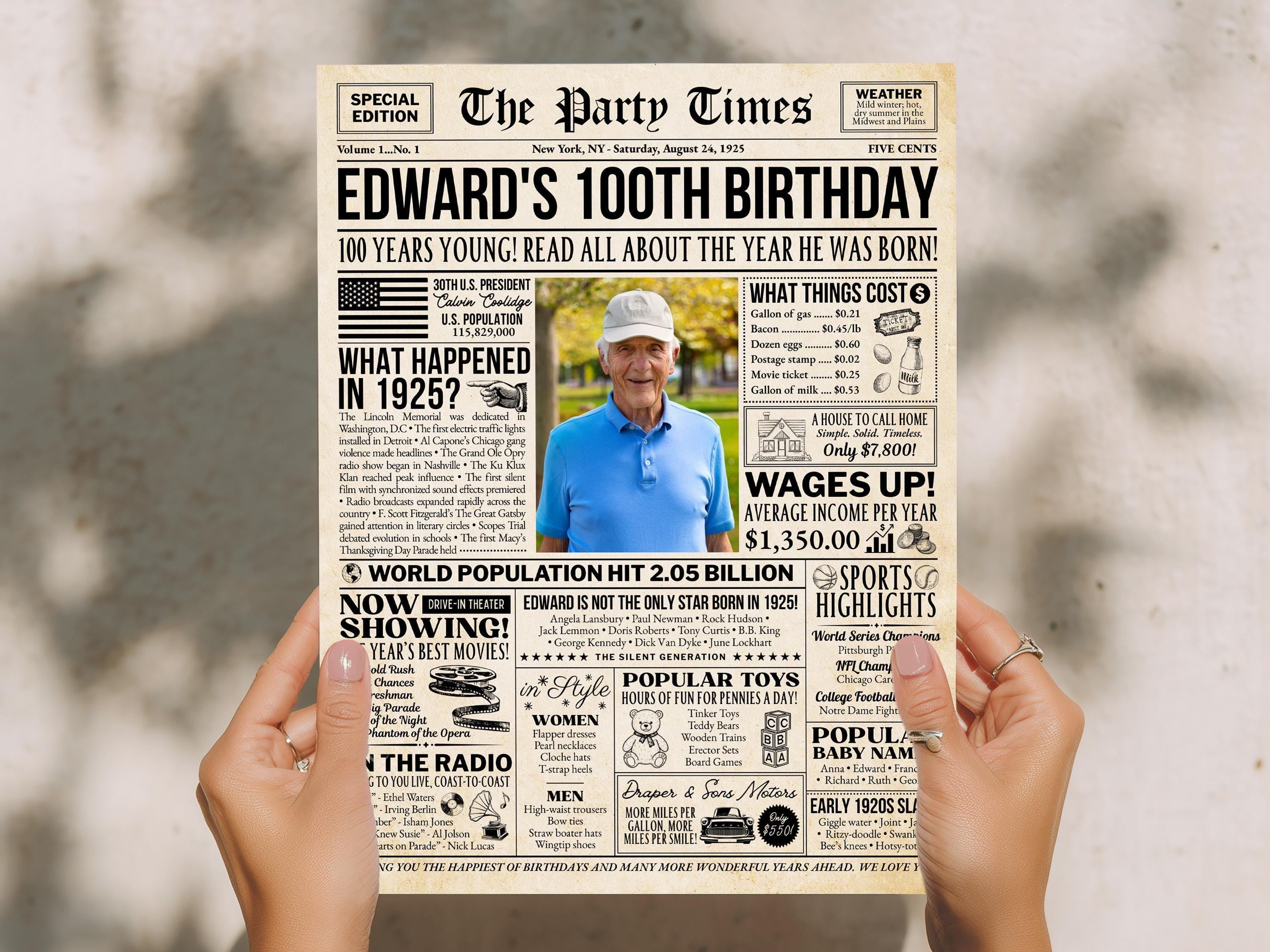 100th Birthday Newspaper Sign, Back in 1925 100 Years Ago Poster, Editable 20s Throwback Party Decorations Print, Edit With Canva