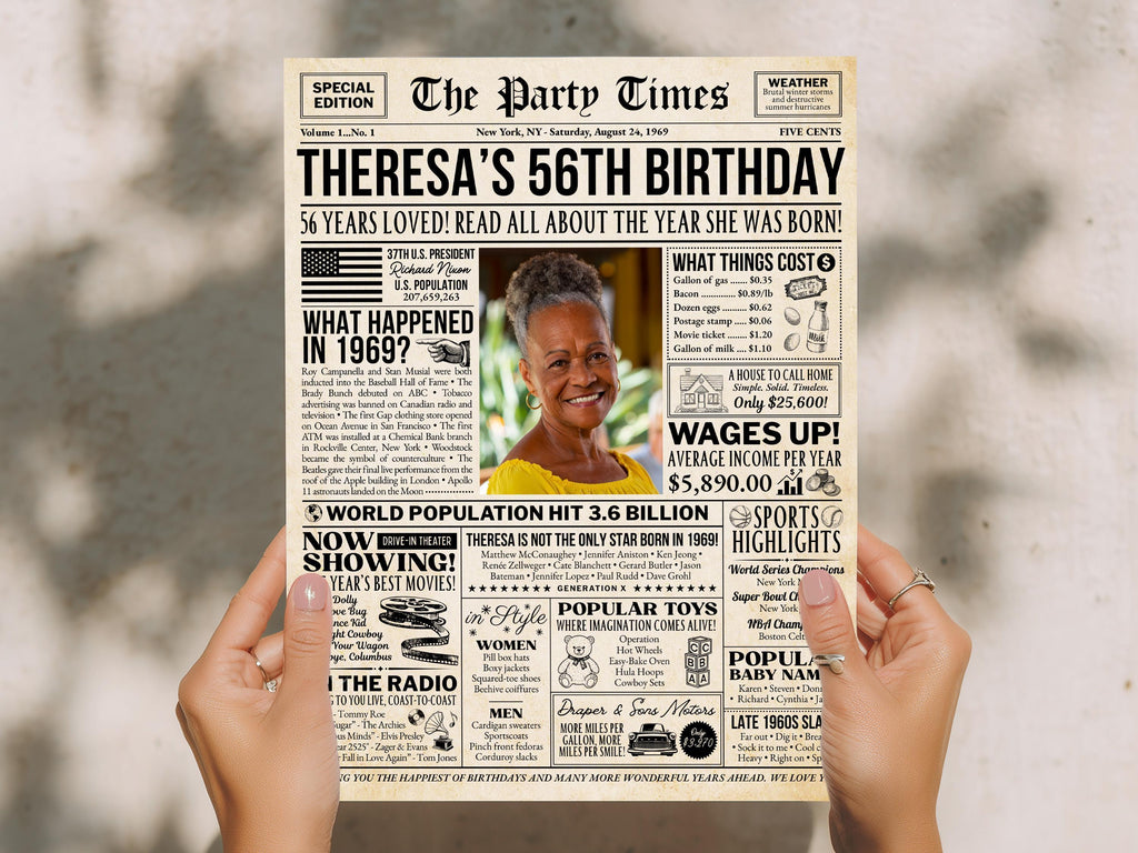 56th Birthday Newspaper Poster Sign, Back in 1969 Birthday Gift For Mom or Dad, Custom Nostalgic Keepsake Printable DIY, Edit With Canva