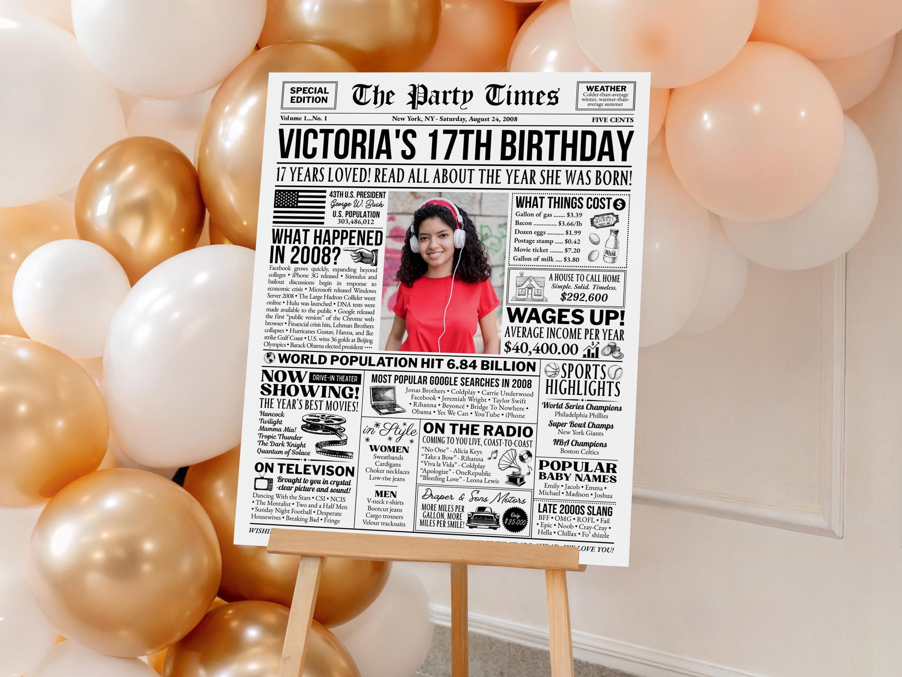 17th Birthday Newspaper Poster Sign, Back in 2008 USA Fun Facts Party Sign, Editable Vintage Style Birthday Decoration, Edit With Canva