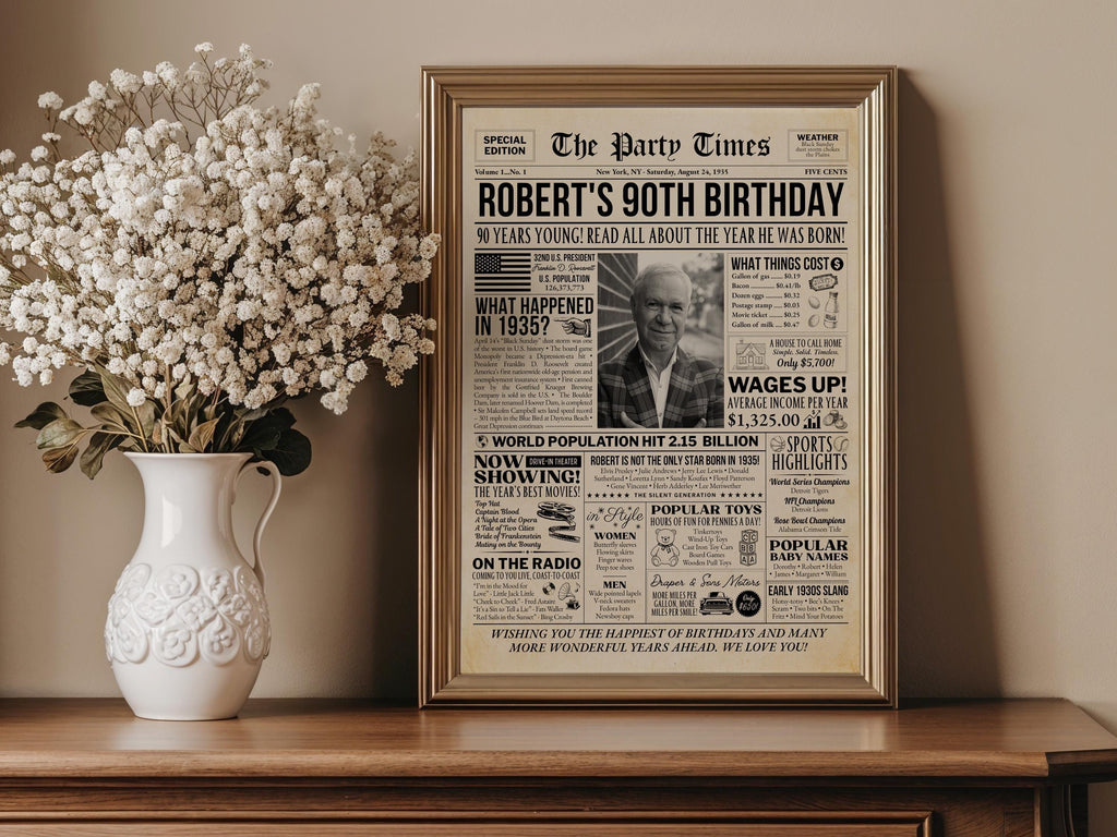 90th Birthday Newspaper Poster Sign, Born In 1935 Birthday Milestone Gift For Seniors, Editable Party Decorations Printable, Edit With Canva
