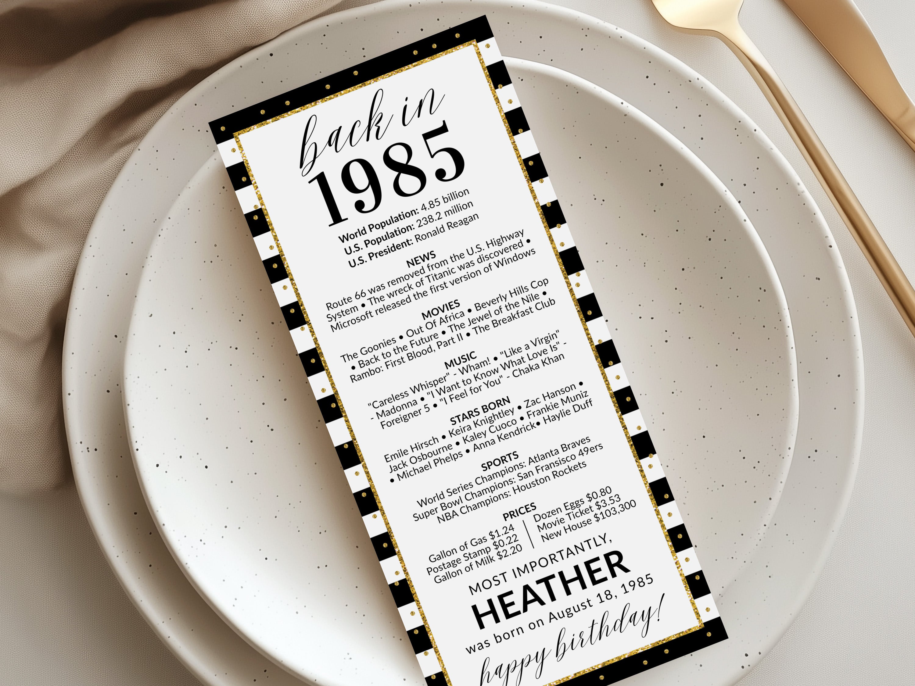 40th Birthday Place Cards, Editable Back In 1985 Party Decorations, 40th Milestone Birthday Trivia Table Cards Printable, Edit With Canva
