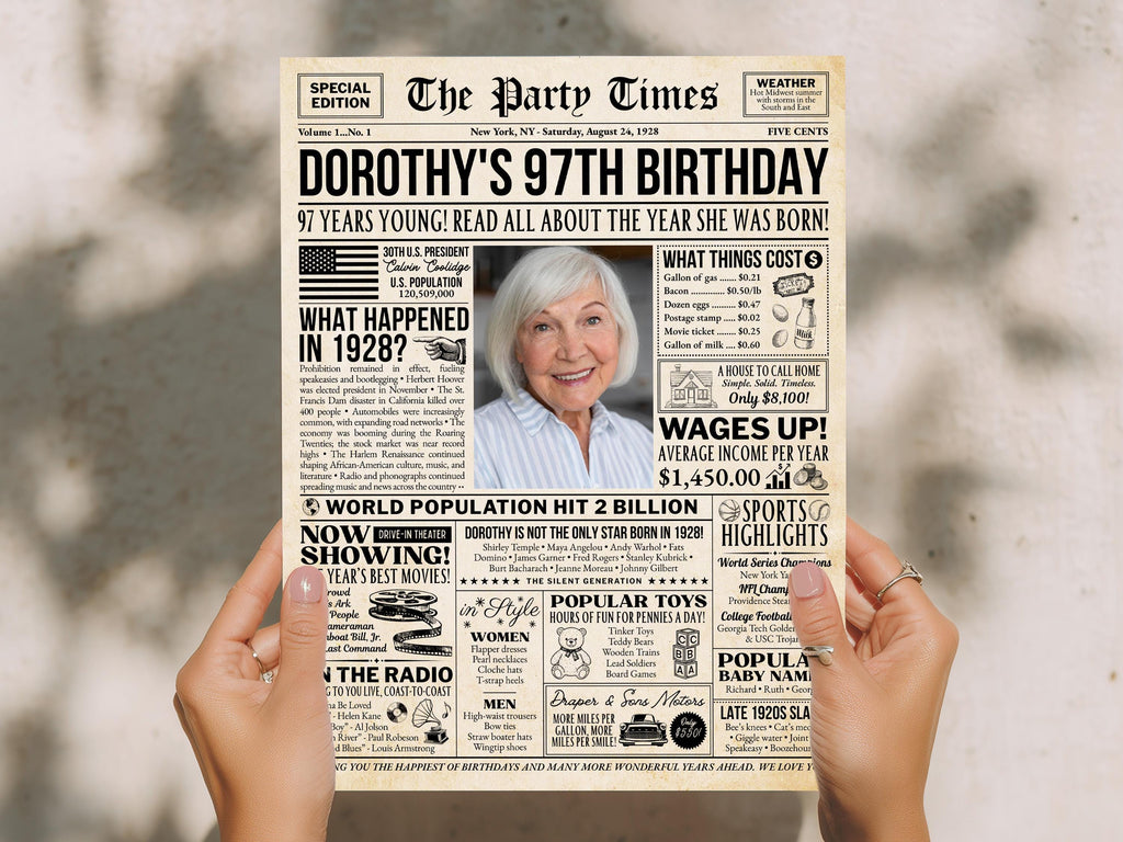 97th Birthday Newspaper Poster Sign, Back In 1928 Birthday Gift, 50s Theme Party Year in Review Keepsake Printable, Edit With Canva
